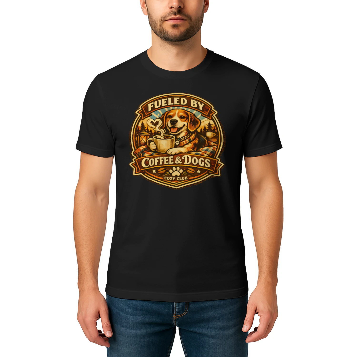 Fueled by Coffee & Dogs Shirt – Cozy Club Dog Lover Tee, Warm Camping Vibes, Coffee Lover Design