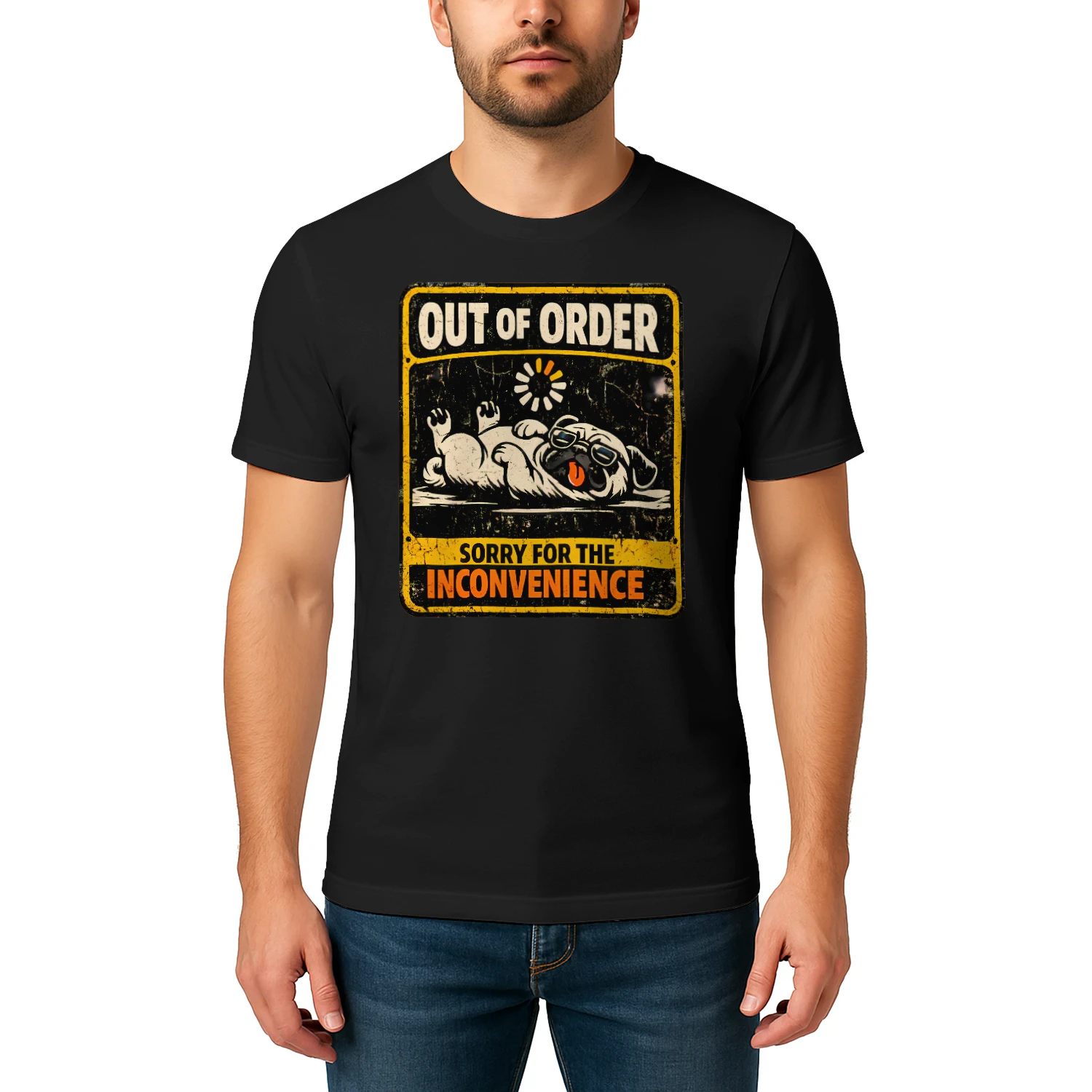 Funny Pug “Out of Order” Vintage T-Shirt – Lazy Dog Humor Tee for Pet Lovers, Distressed Retro Style Gift