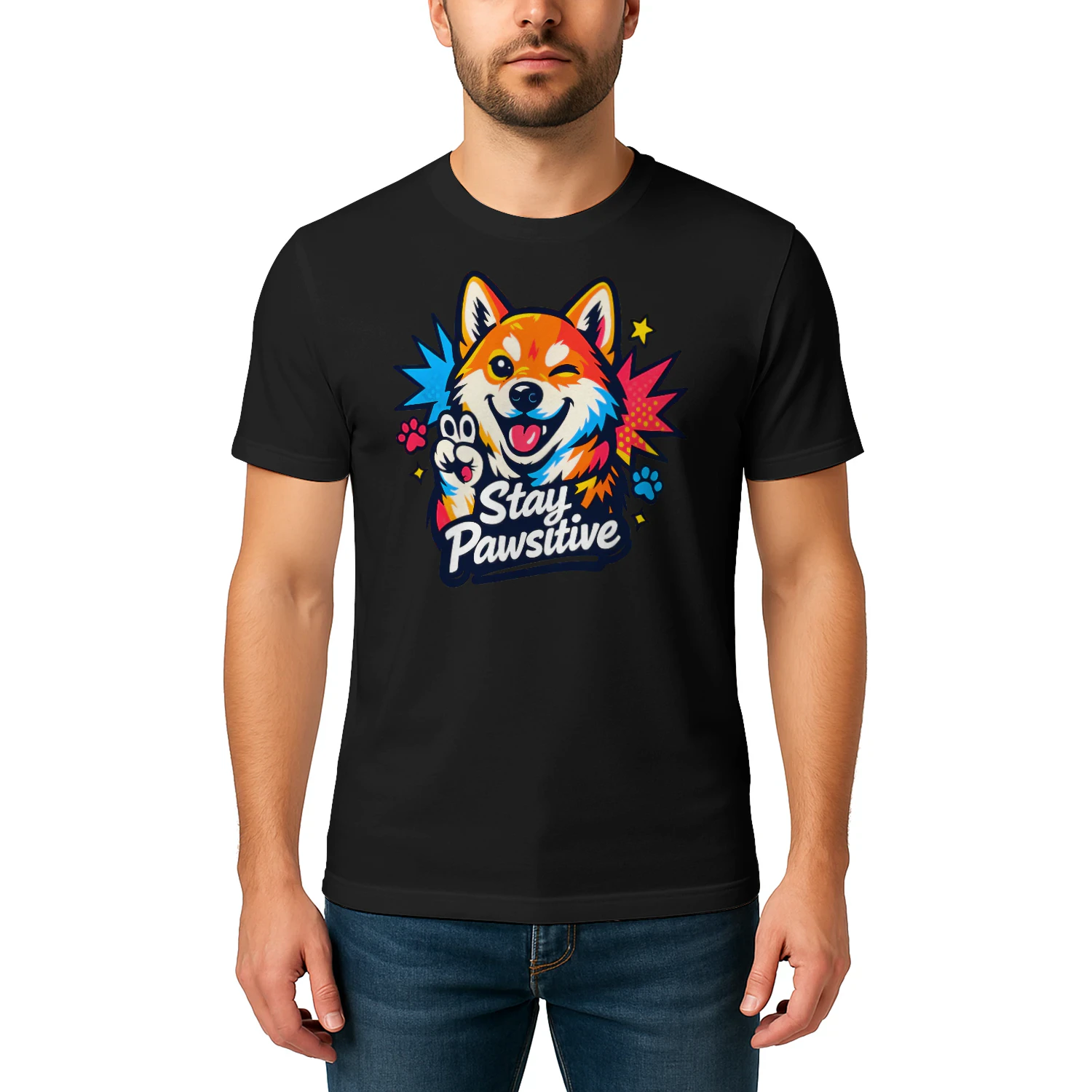 Stay Pawsitive Shiba Inu Shirt  – Comic Book Dog Lover Tee, Pop Art Style, Vibrant Color Burst Pet Design