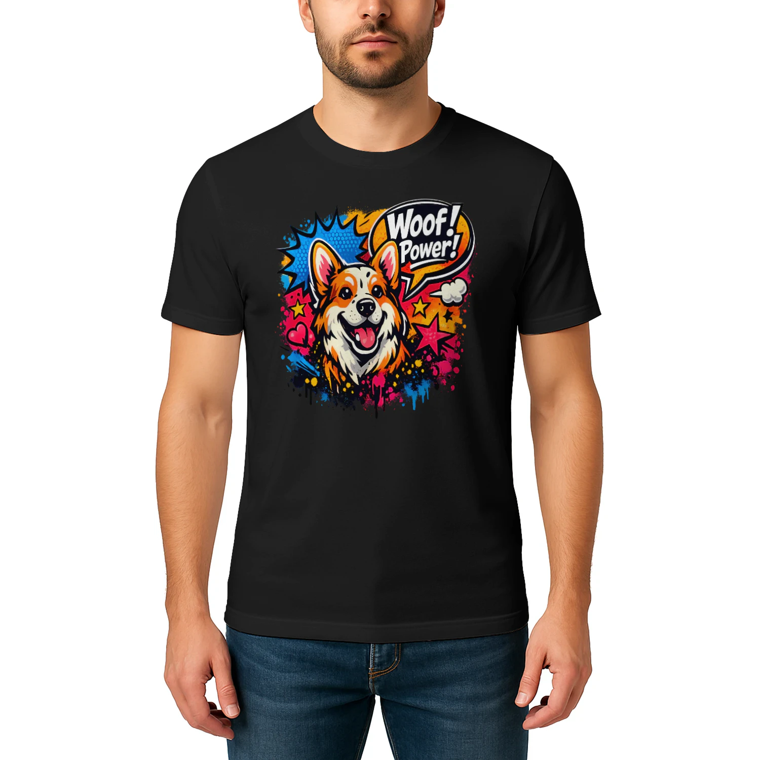 Woof! Power! Corgi Shirt – Pop Art Dog Lover Tee, Comic Book Style, Vibrant Color Splash Pet Design