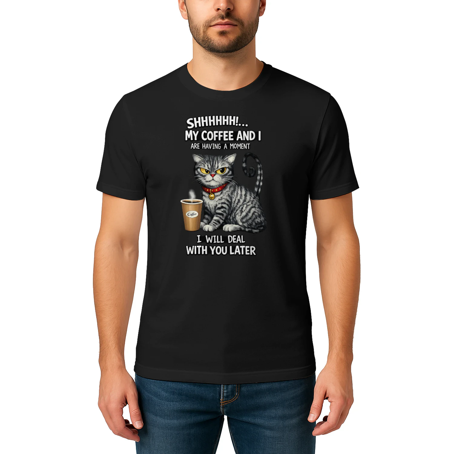Shhh! My Coffee and I Are Having a Moment – Serious Cat Coffee Lover Tee, Funny Morning Humor Design
