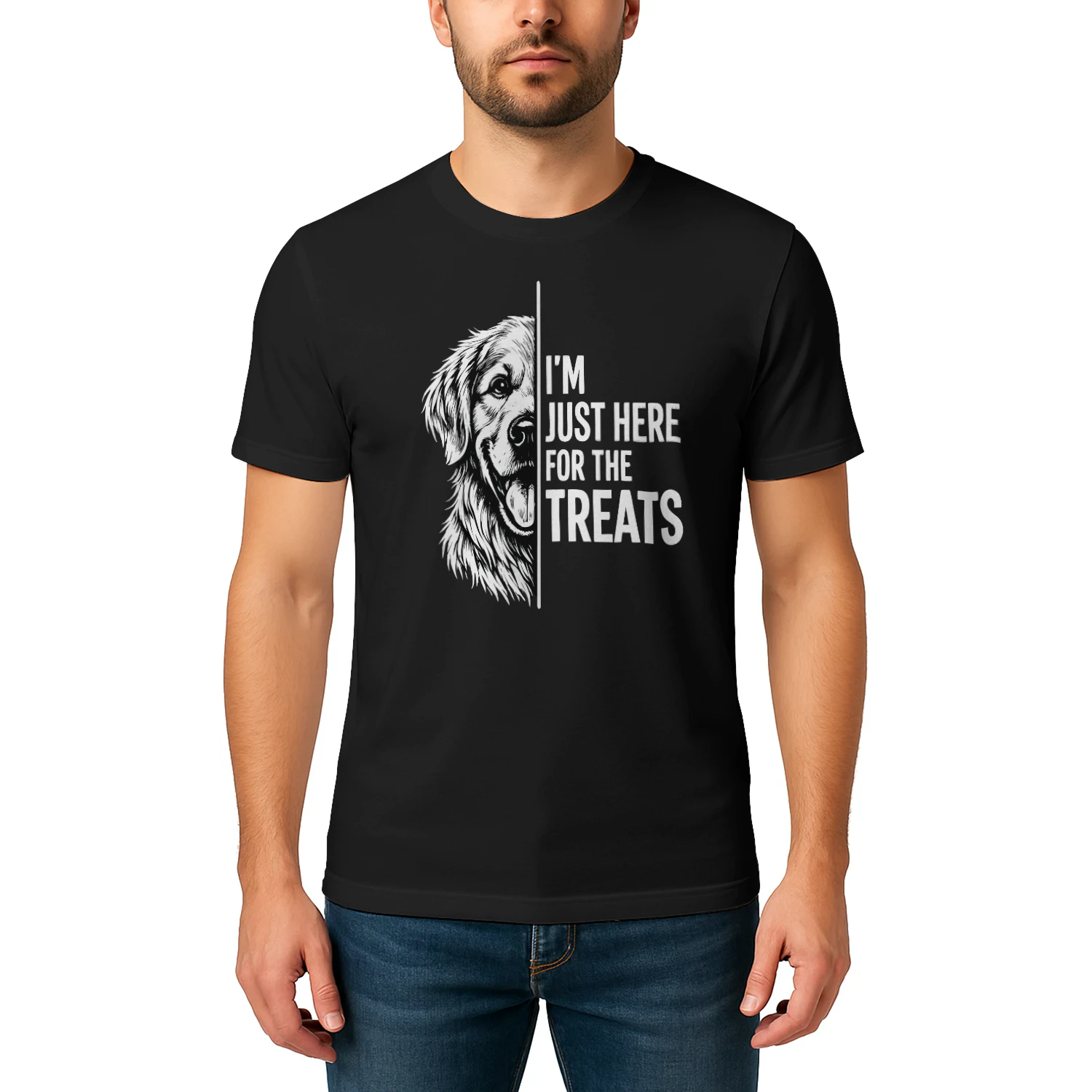 I’m Just Here for the Treats Golden Retriever Shirt – Funny Dog Lover Tee, Bold Black & White Pet Quote Design
