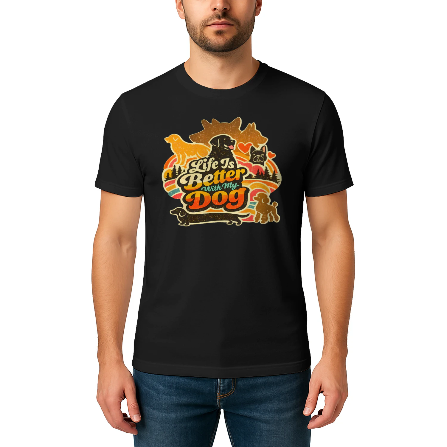 Life Is Better With My Dog Shirt – Retro Sunset Multi-Breed Dog Lover Tee, Vintage Outdoor Pet Parent Gift