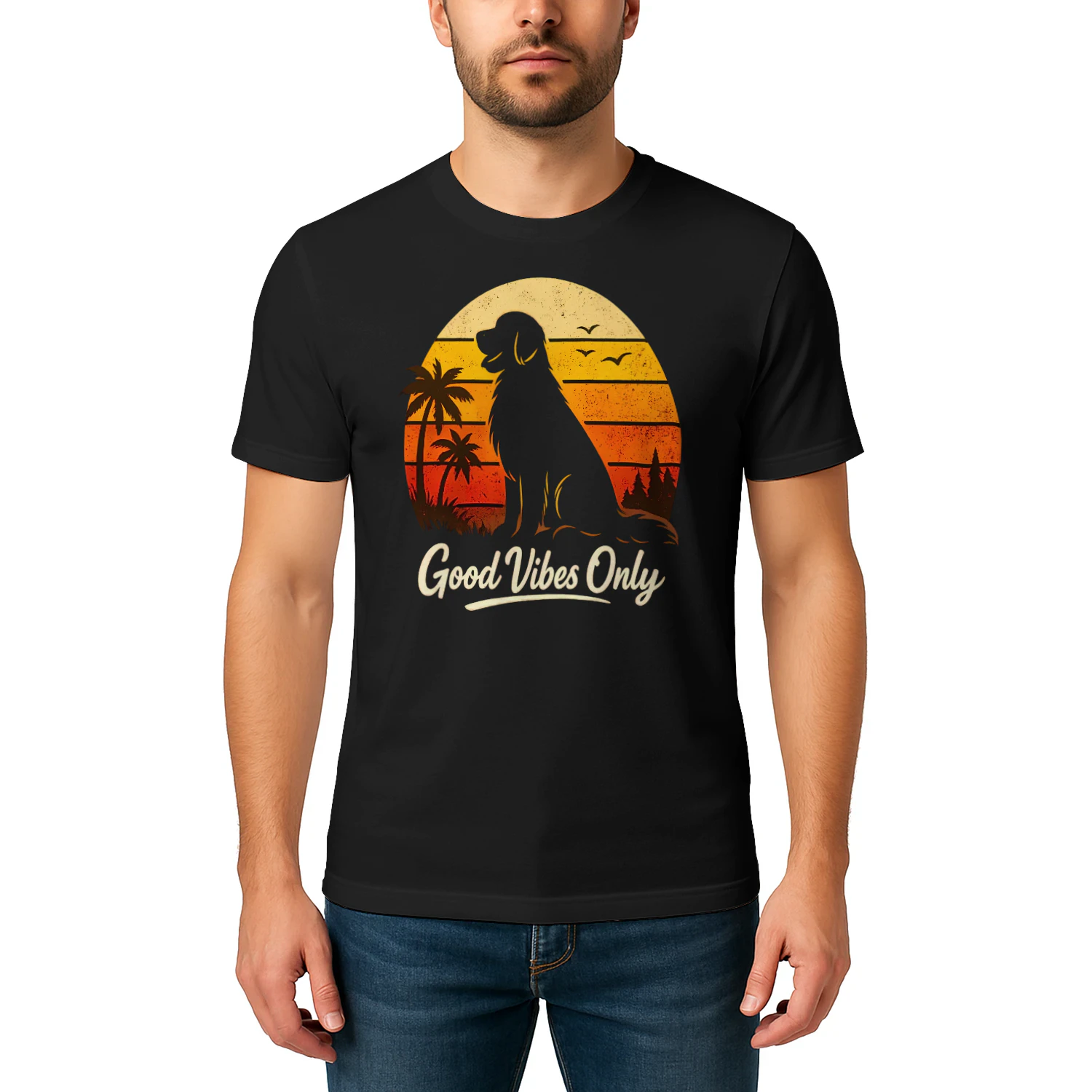 Good Vibes Only Dog Silhouette Shirt – Retro Sunset Tee, Tropical & Forest Mixed Design, Positive Vibes Pet Graphic