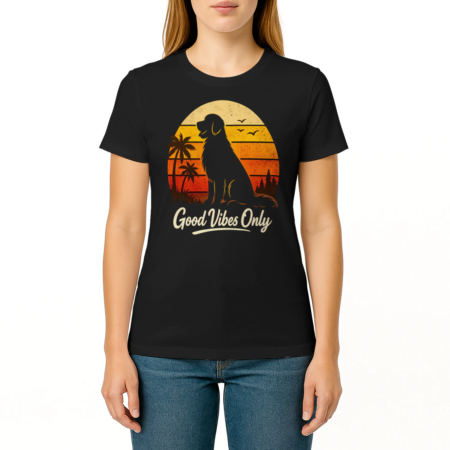 Good Vibes Only Dog Silhouette Shirt – Retro Sunset Tee, Tropical & Forest Mixed Design, Positive Vibes Pet Graphic