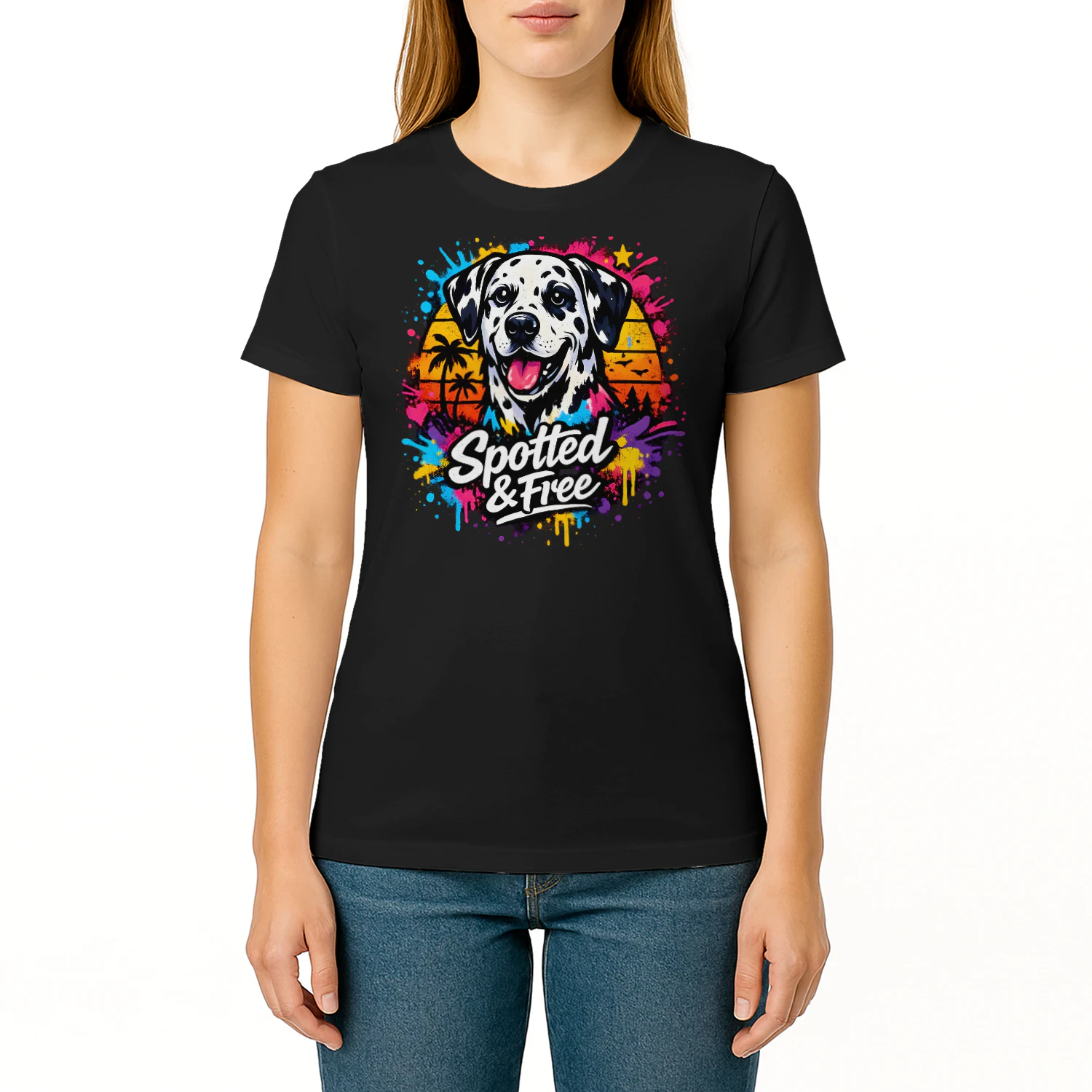 Spotted & Free Dalmatian Shirt – Tropical Sunset Dog Lover Tee, Vibrant Color Splash Pet Design