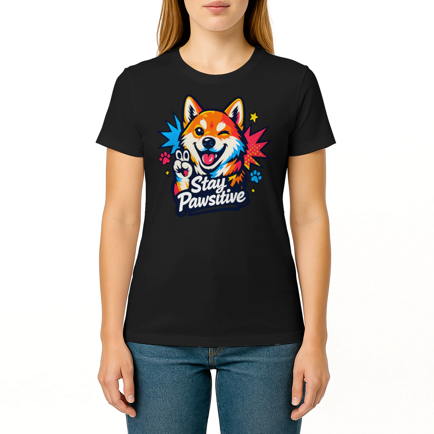 Stay Pawsitive Shiba Inu Shirt  – Comic Book Dog Lover Tee, Pop Art Style, Vibrant Color Burst Pet Design