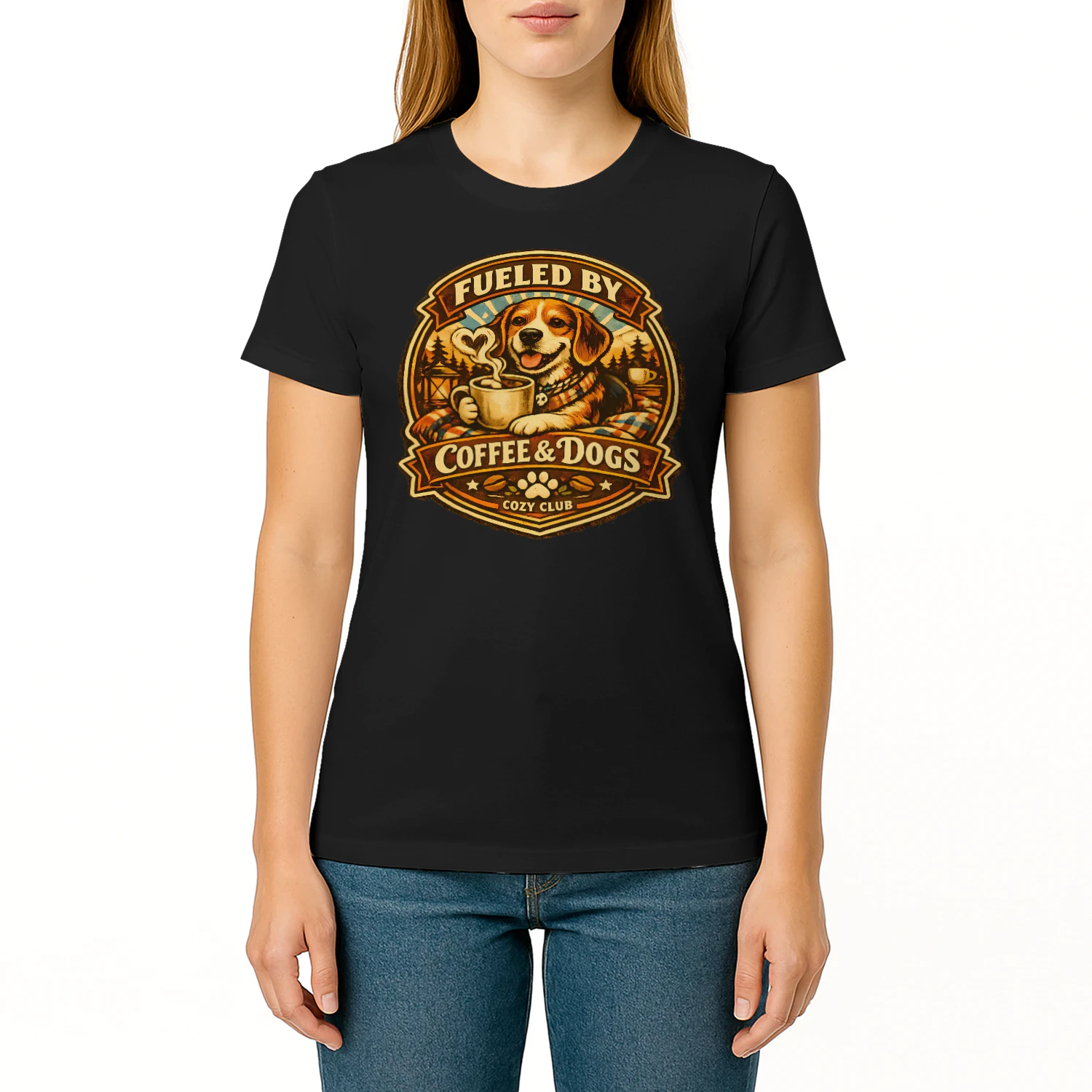 Fueled by Coffee & Dogs Shirt – Cozy Club Dog Lover Tee, Warm Camping Vibes, Coffee Lover Design