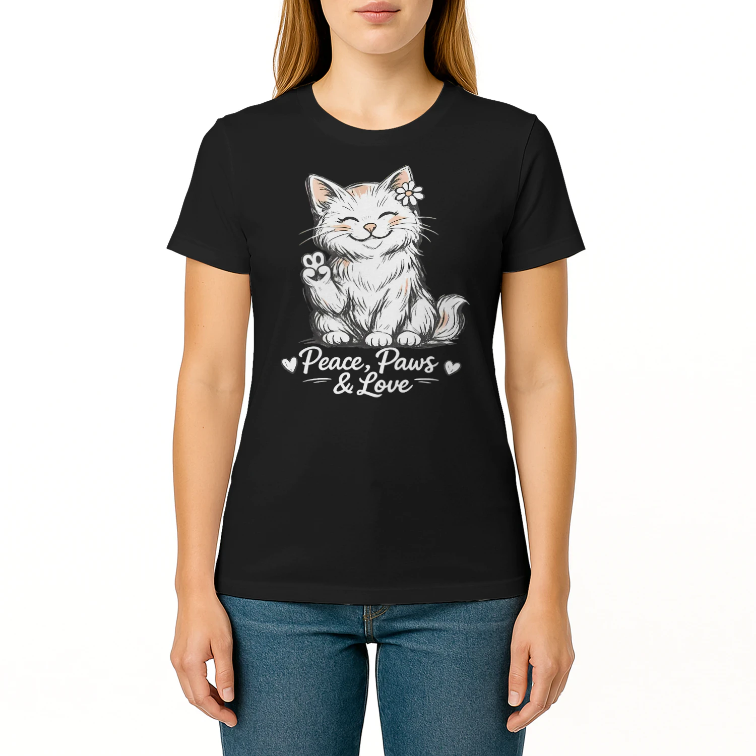 Peace, Paws & Love Cat Shirt – Cute Cartoon Cat Lover Tee, Positive Vibes Pet Design, Soft Aesthetic Graphic