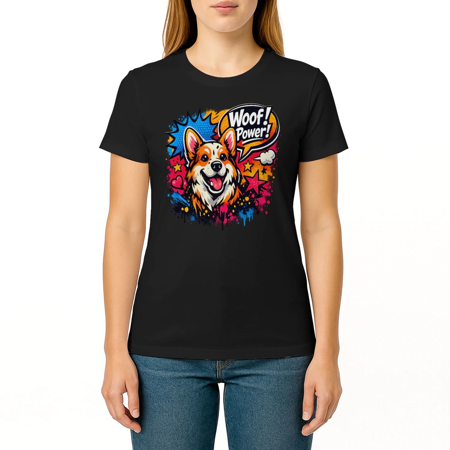 Woof! Power! Corgi Shirt – Pop Art Dog Lover Tee, Comic Book Style, Vibrant Color Splash Pet Design