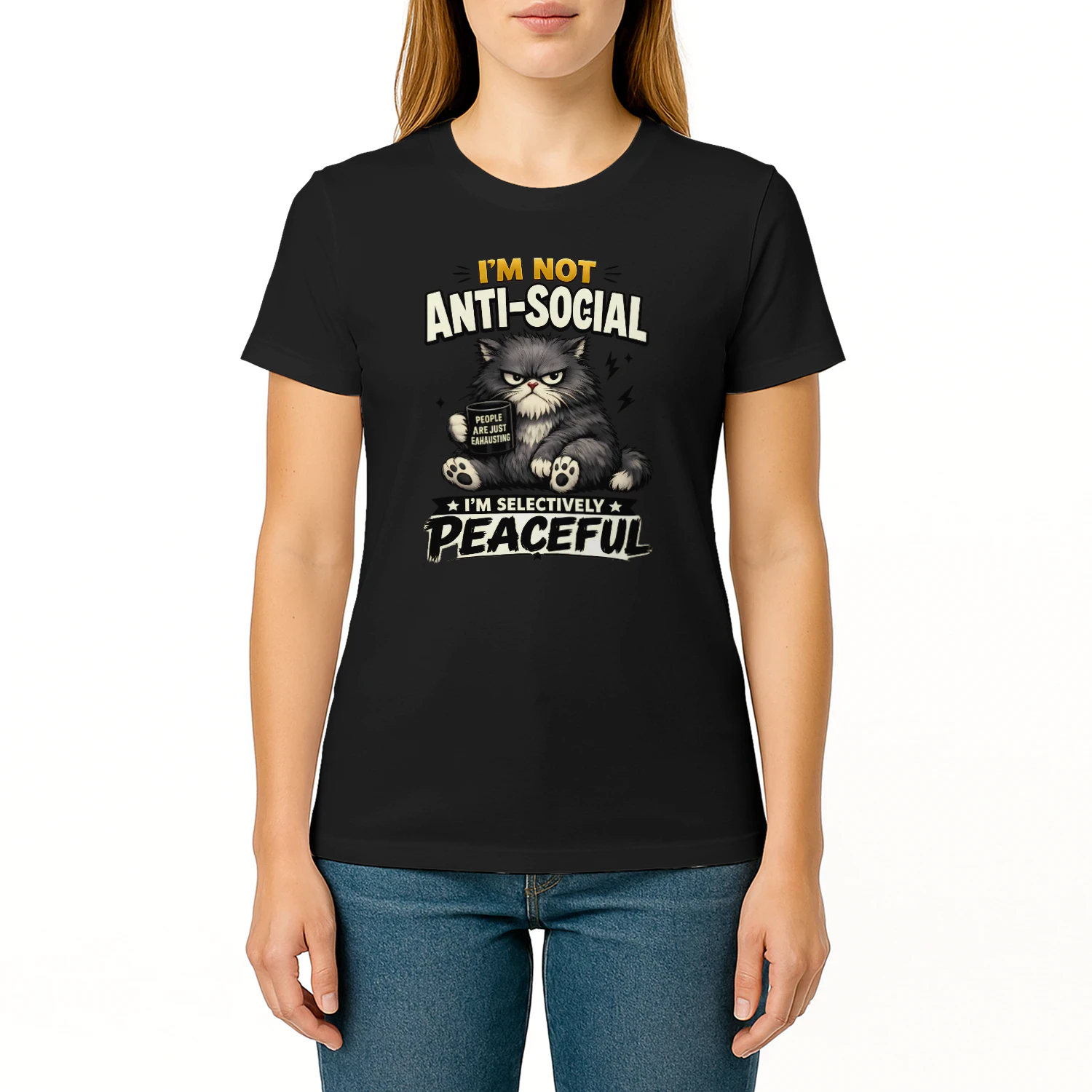 I’m Not Anti‑Social, I’m Selectively Peaceful Shirt – Grumpy Cat Coffee Lover Tee, Introvert Humor, People Are Exhausting Quote