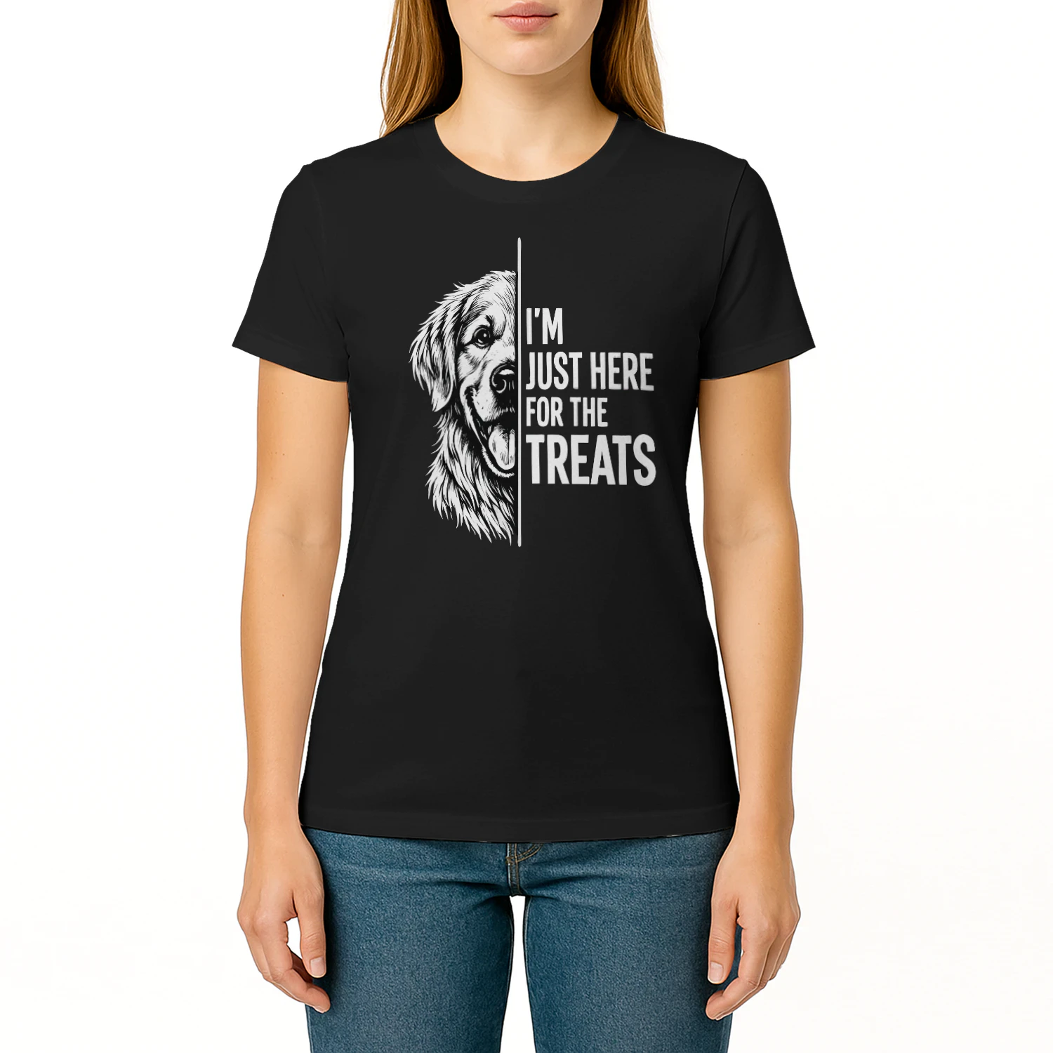 I’m Just Here for the Treats Golden Retriever Shirt – Funny Dog Lover Tee, Bold Black & White Pet Quote Design