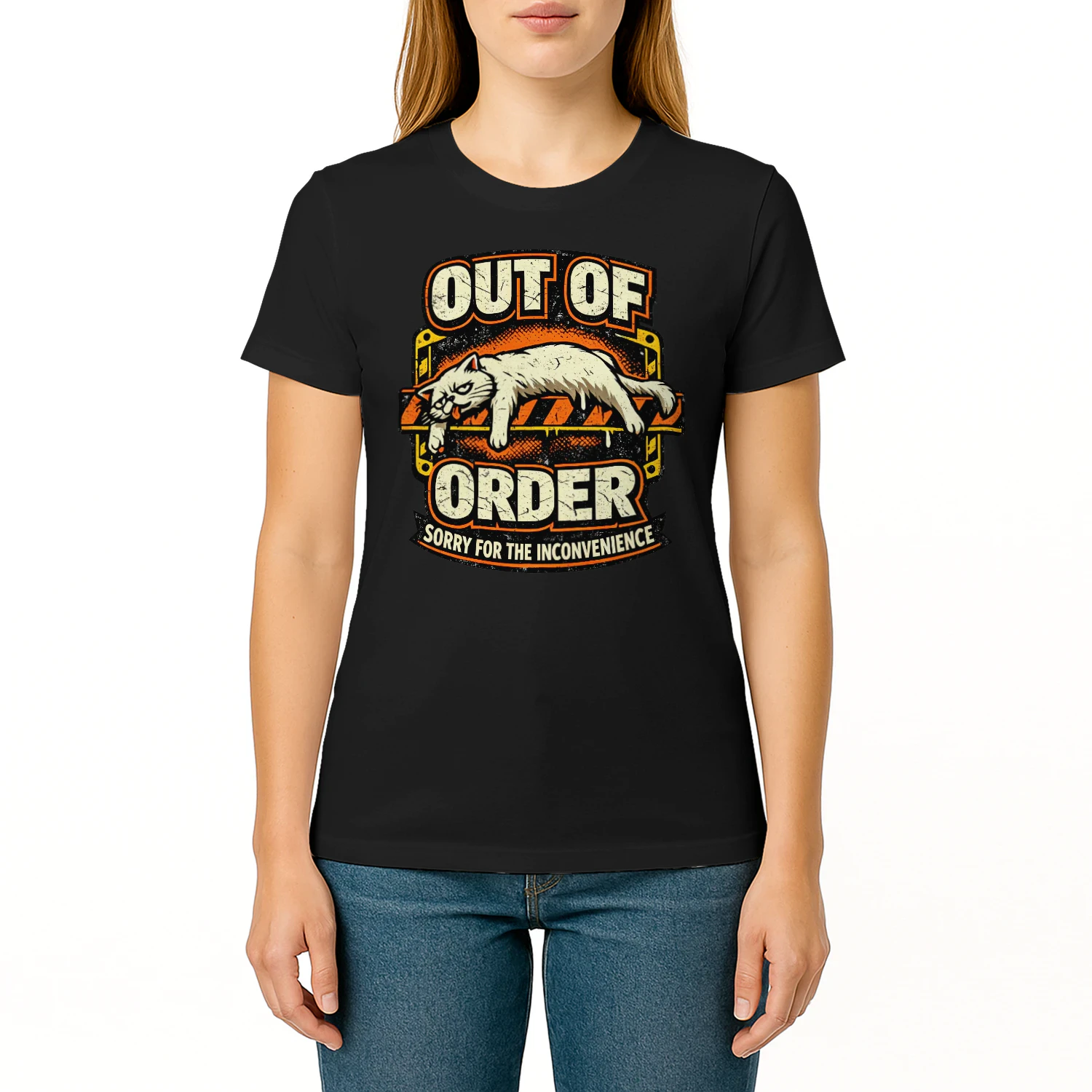 Out of Order Funny Cat Shirt – Lazy Humor Tee, Sarcastic Animal Lover Gift, Grunge Style Apparel for Men & Women