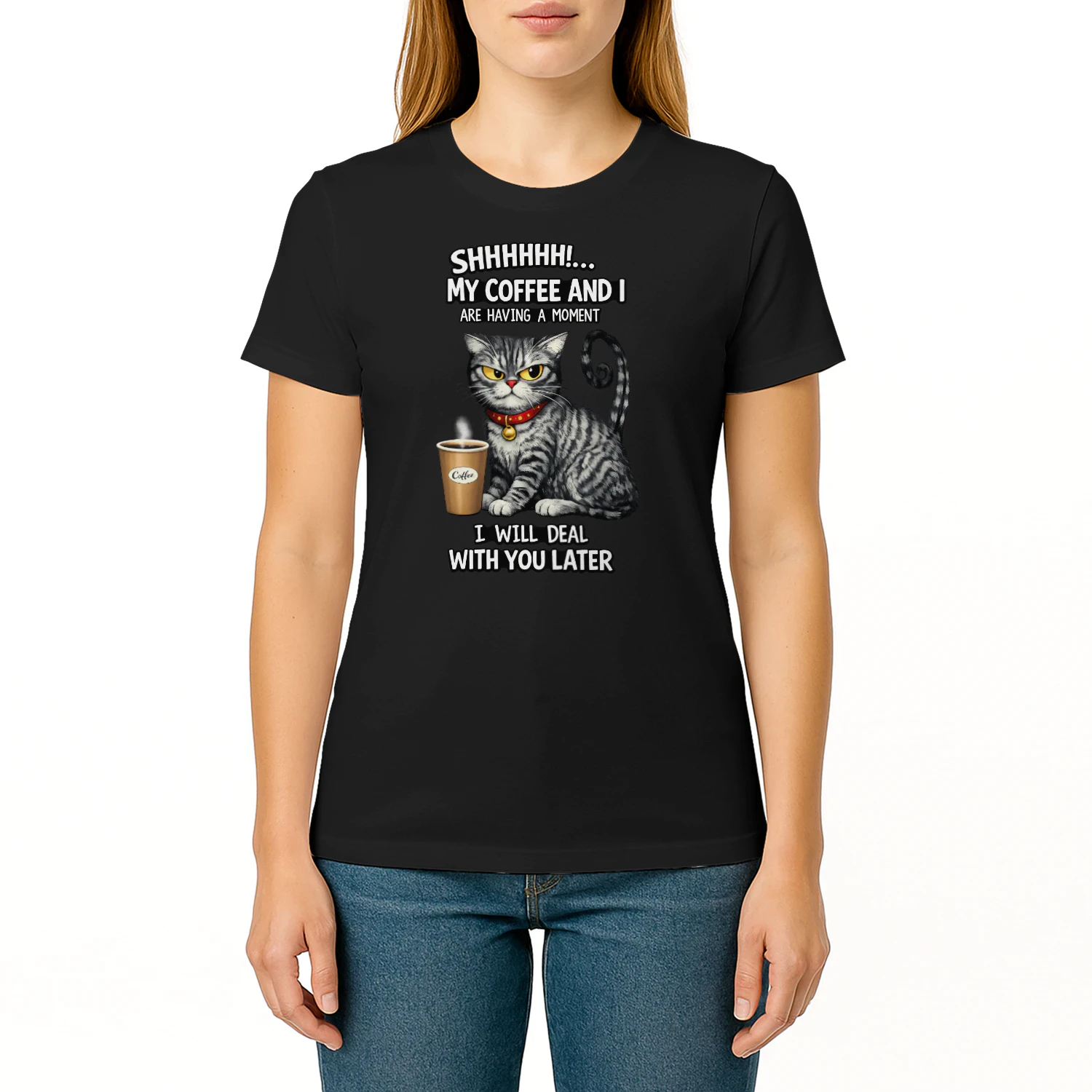 Shhh! My Coffee and I Are Having a Moment – Serious Cat Coffee Lover Tee, Funny Morning Humor Design