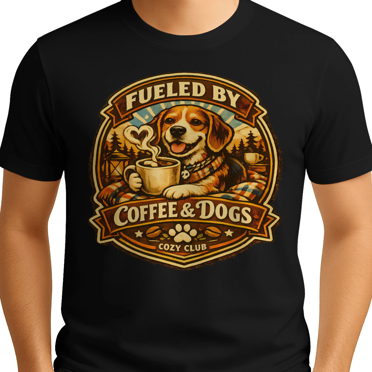 Fueled by Coffee & Dogs Shirt – Cozy Club Dog Lover Tee, Warm Camping Vibes, Coffee Lover Design