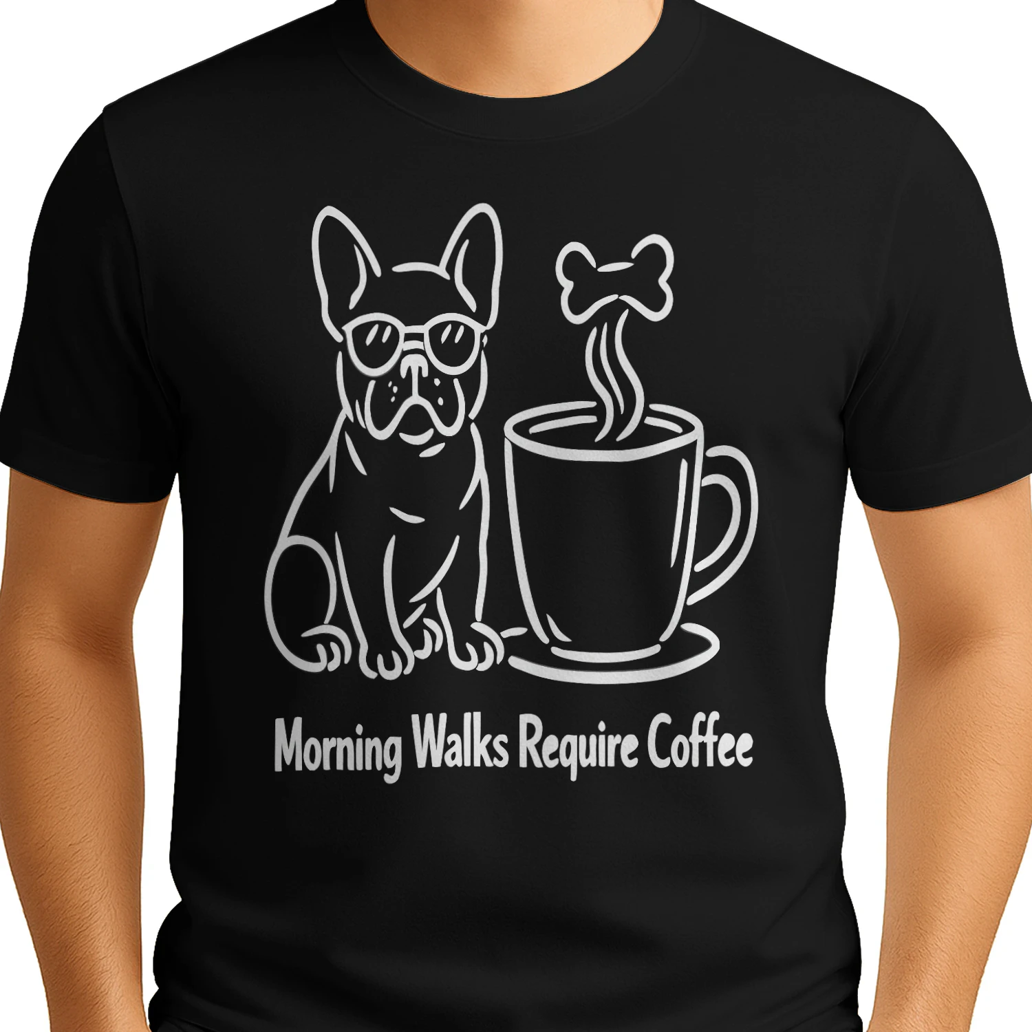 Morning Walks Require Coffee French Bulldog Shirt – Funny Minimalist Dog Lover Tee, Frenchie Mom Gift, Coffee Addict Apparel