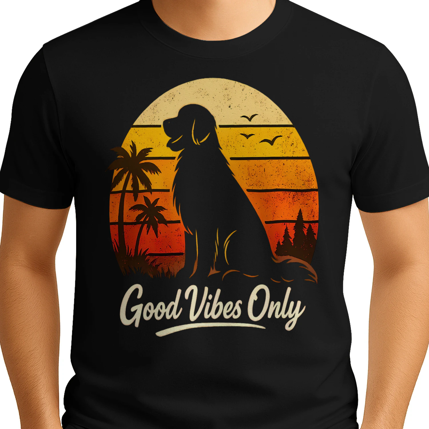 Good Vibes Only Dog Silhouette Shirt – Retro Sunset Tee, Tropical & Forest Mixed Design, Positive Vibes Pet Graphic