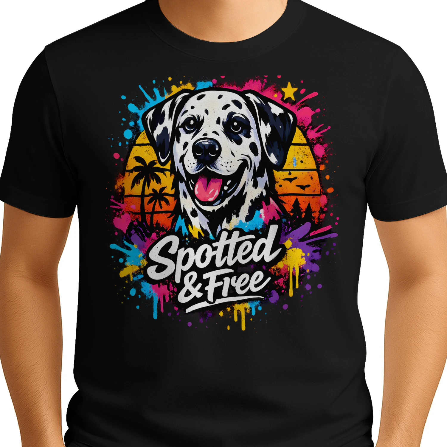 Spotted & Free Dalmatian Shirt – Tropical Sunset Dog Lover Tee, Vibrant Color Splash Pet Design