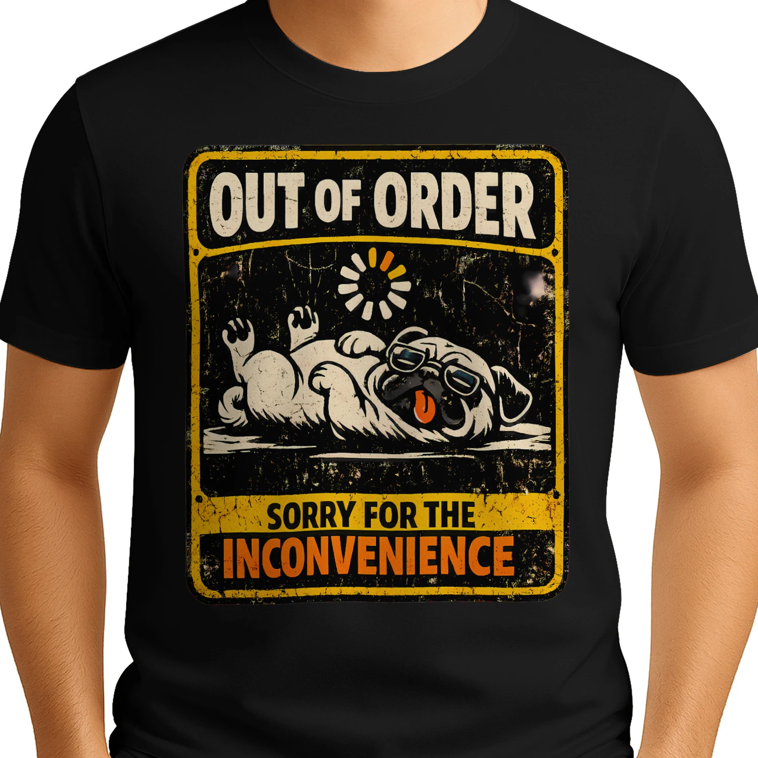 Funny Pug “Out of Order” Vintage T-Shirt – Lazy Dog Humor Tee for Pet Lovers, Distressed Retro Style Gift