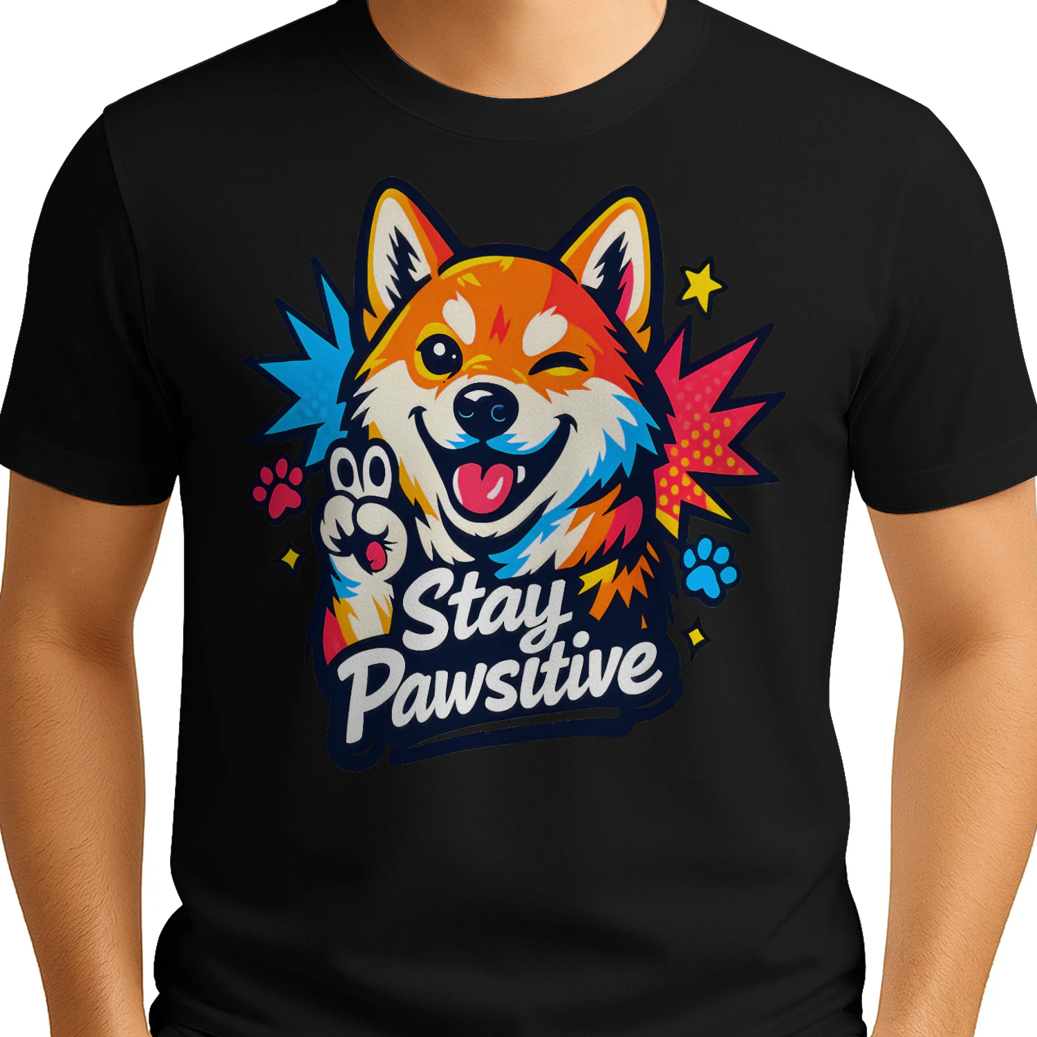 Stay Pawsitive Shiba Inu Shirt  – Comic Book Dog Lover Tee, Pop Art Style, Vibrant Color Burst Pet Design