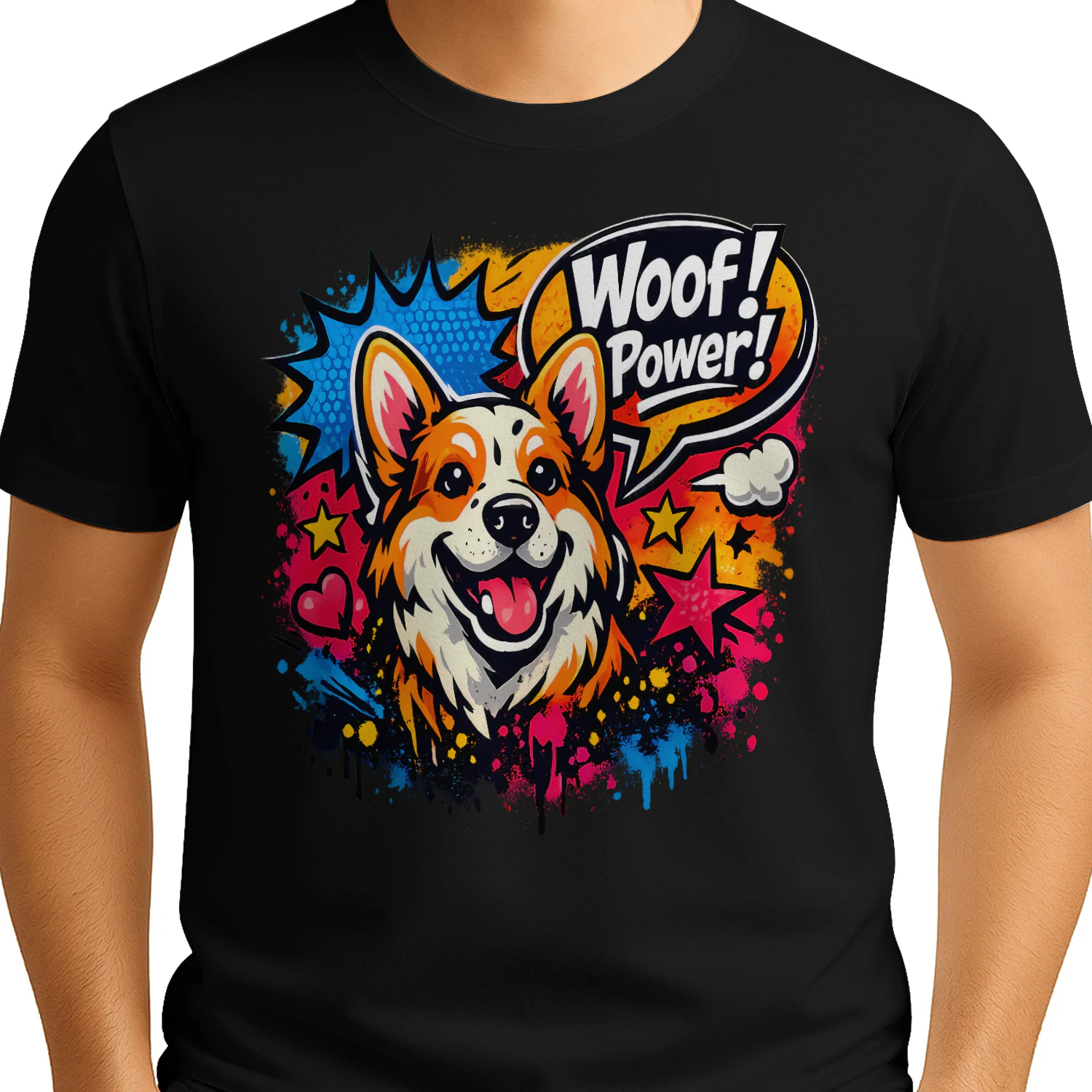 Woof! Power! Corgi Shirt – Pop Art Dog Lover Tee, Comic Book Style, Vibrant Color Splash Pet Design