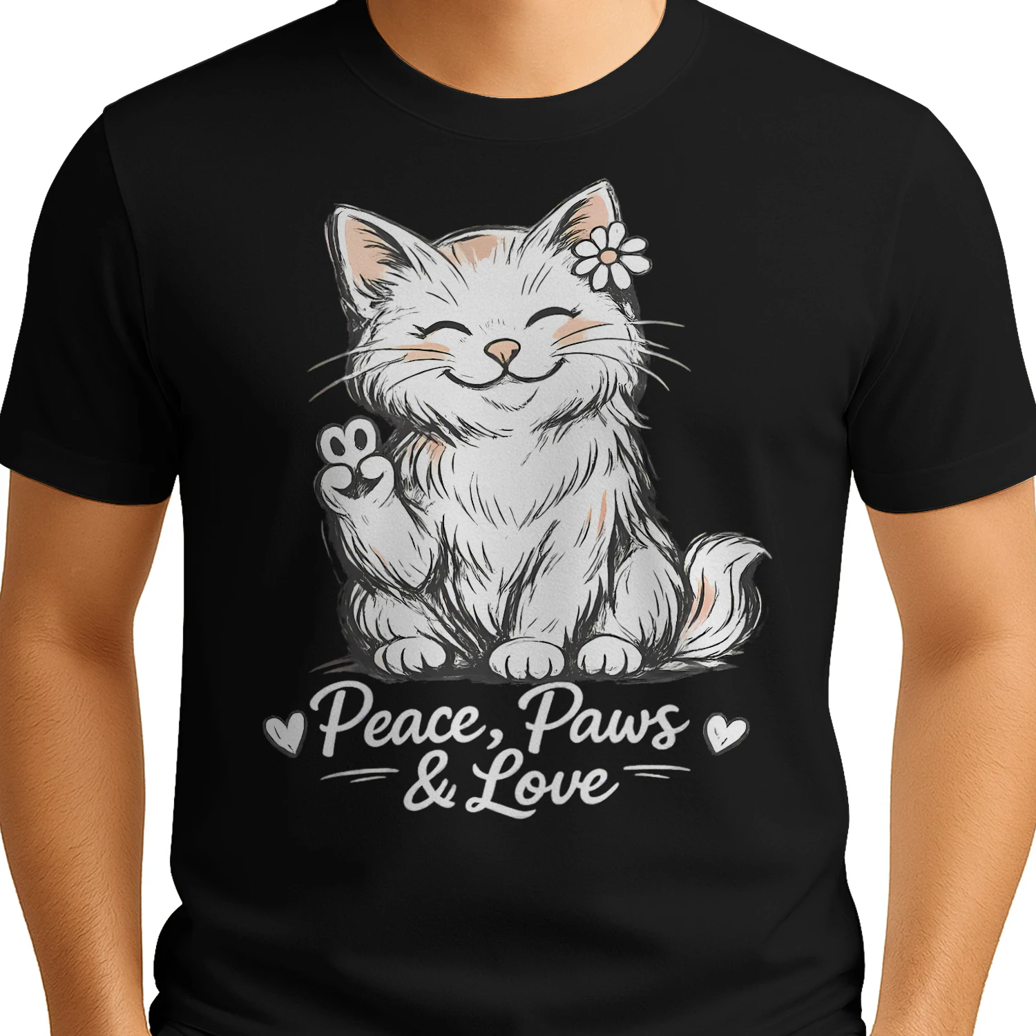 Peace, Paws & Love Cat Shirt – Cute Cartoon Cat Lover Tee, Positive Vibes Pet Design, Soft Aesthetic Graphic