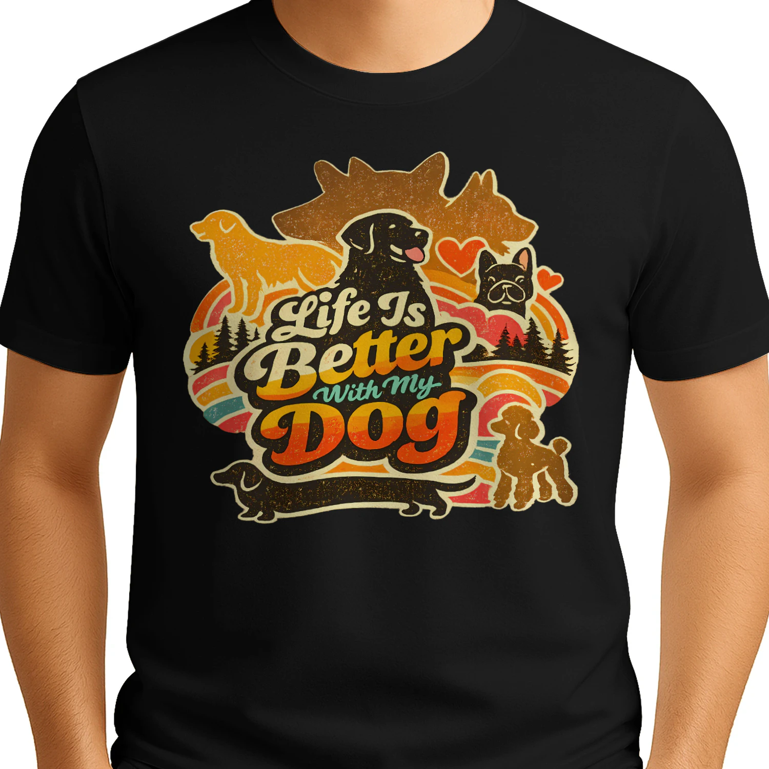 Life Is Better With My Dog Shirt – Retro Sunset Multi-Breed Dog Lover Tee, Vintage Outdoor Pet Parent Gift