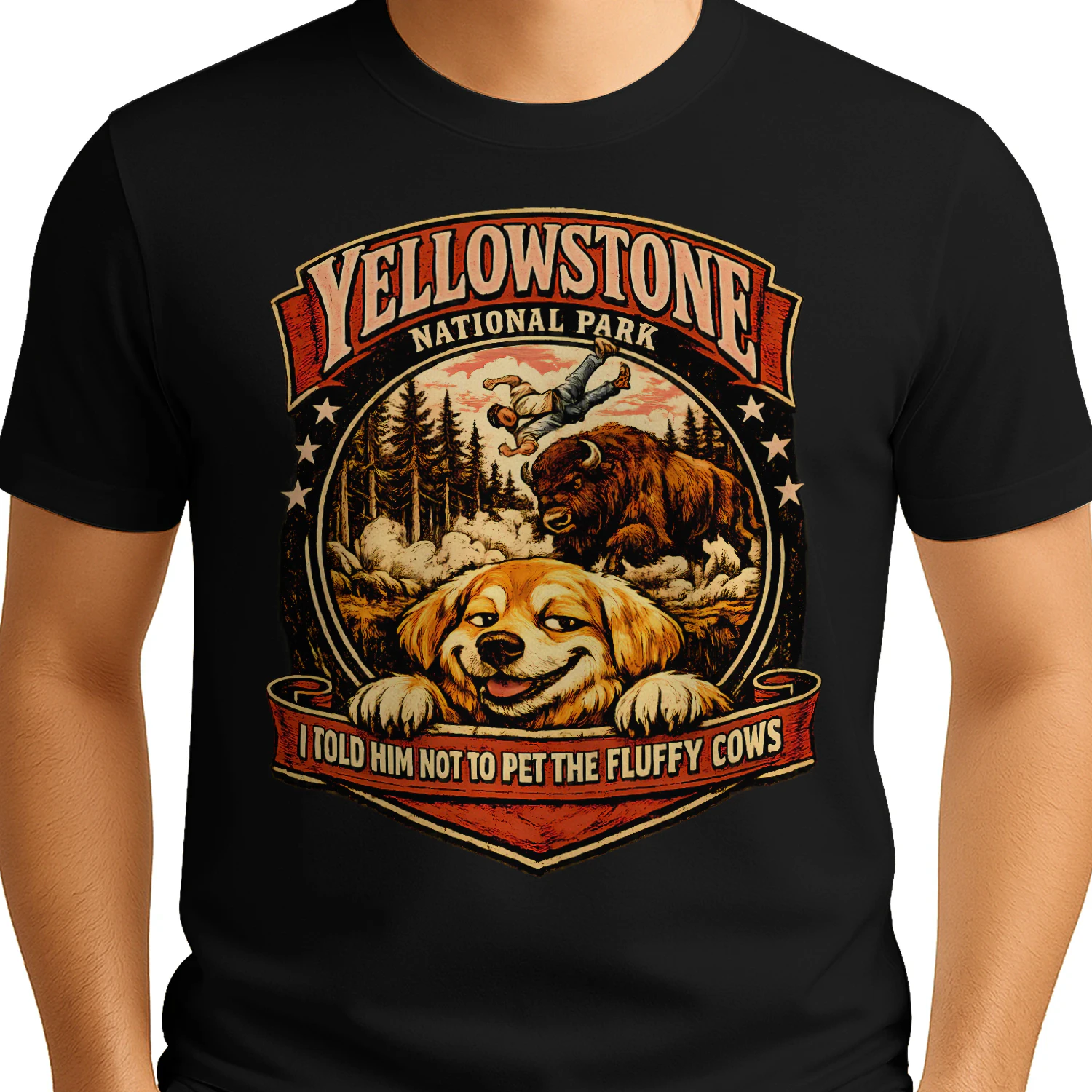 Yellowstone National Park Funny Dog Mug 11oz – I Told Him Not to Pet the Fluffy Cows Tee, Retro Camping Humor Gift for Men & Women