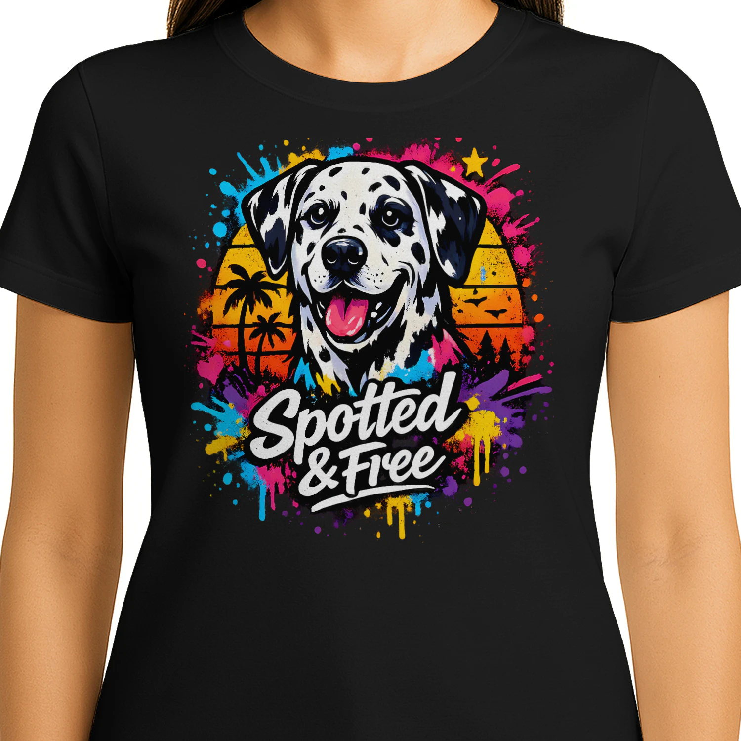 Spotted & Free Dalmatian Shirt – Tropical Sunset Dog Lover Tee, Vibrant Color Splash Pet Design