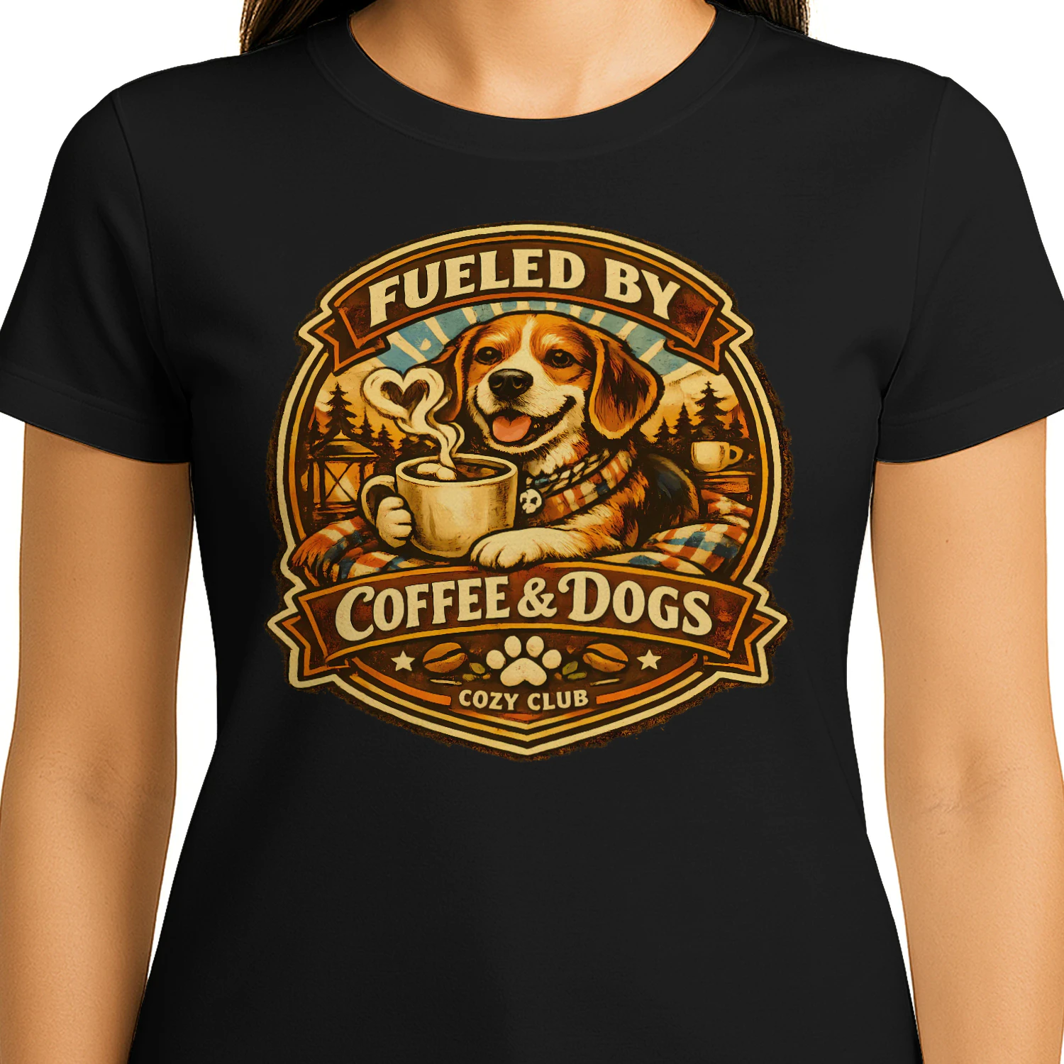 Fueled by Coffee & Dogs Shirt – Cozy Club Dog Lover Tee, Warm Camping Vibes, Coffee Lover Design