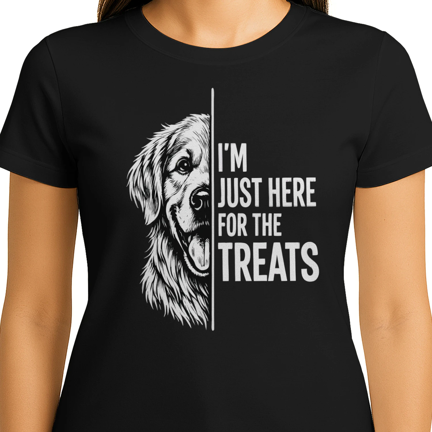 I’m Just Here for the Treats Golden Retriever Shirt – Funny Dog Lover Tee, Bold Black & White Pet Quote Design
