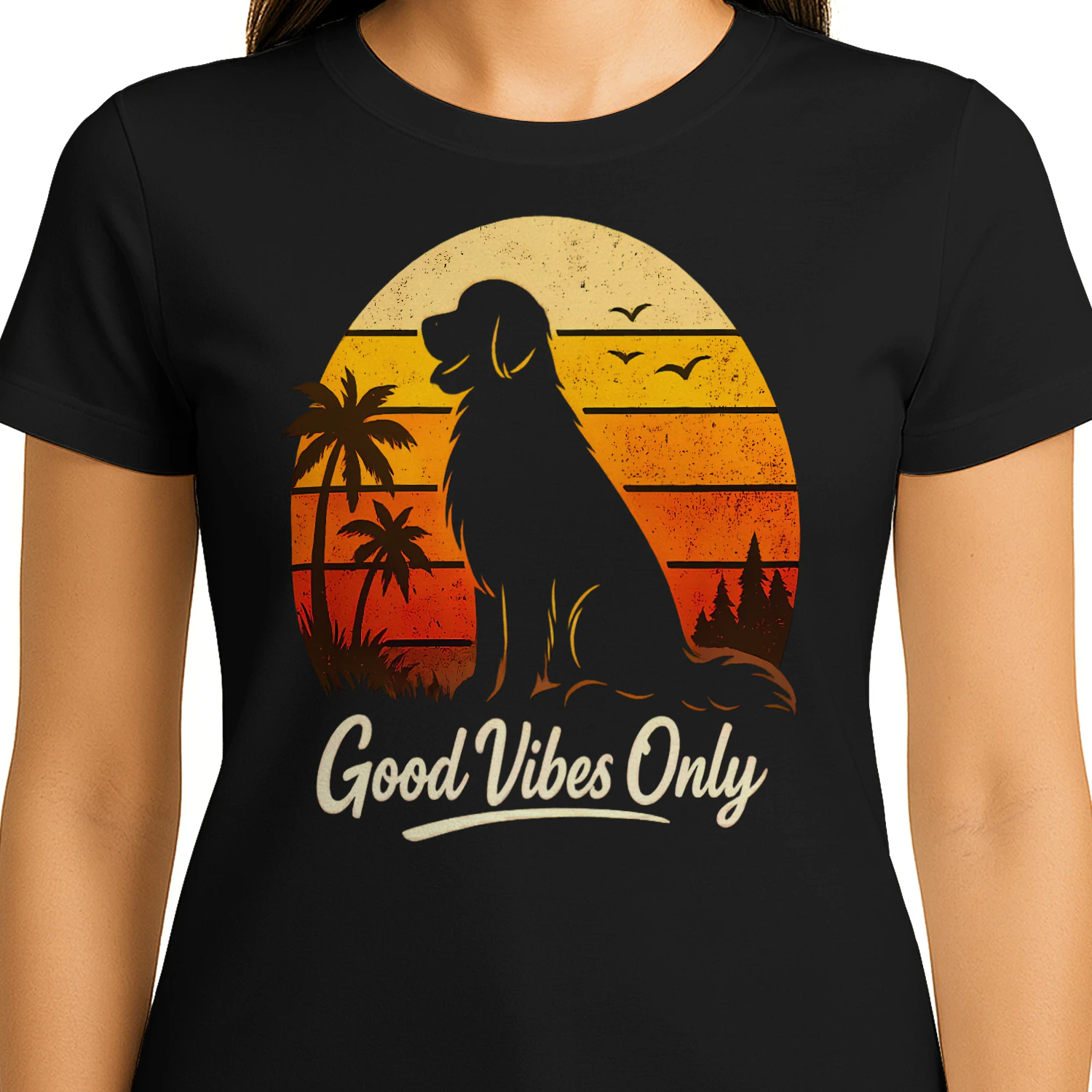 Good Vibes Only Dog Silhouette Shirt – Retro Sunset Tee, Tropical & Forest Mixed Design, Positive Vibes Pet Graphic