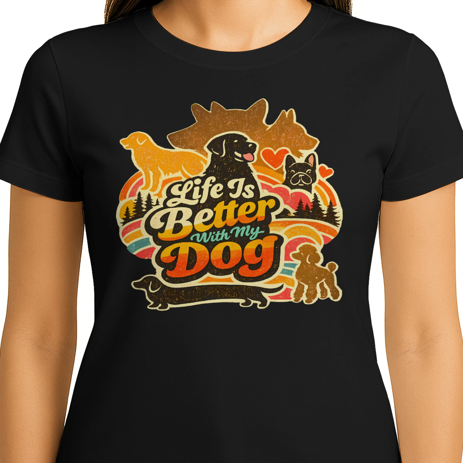 Life Is Better With My Dog Shirt – Retro Sunset Multi-Breed Dog Lover Tee, Vintage Outdoor Pet Parent Gift