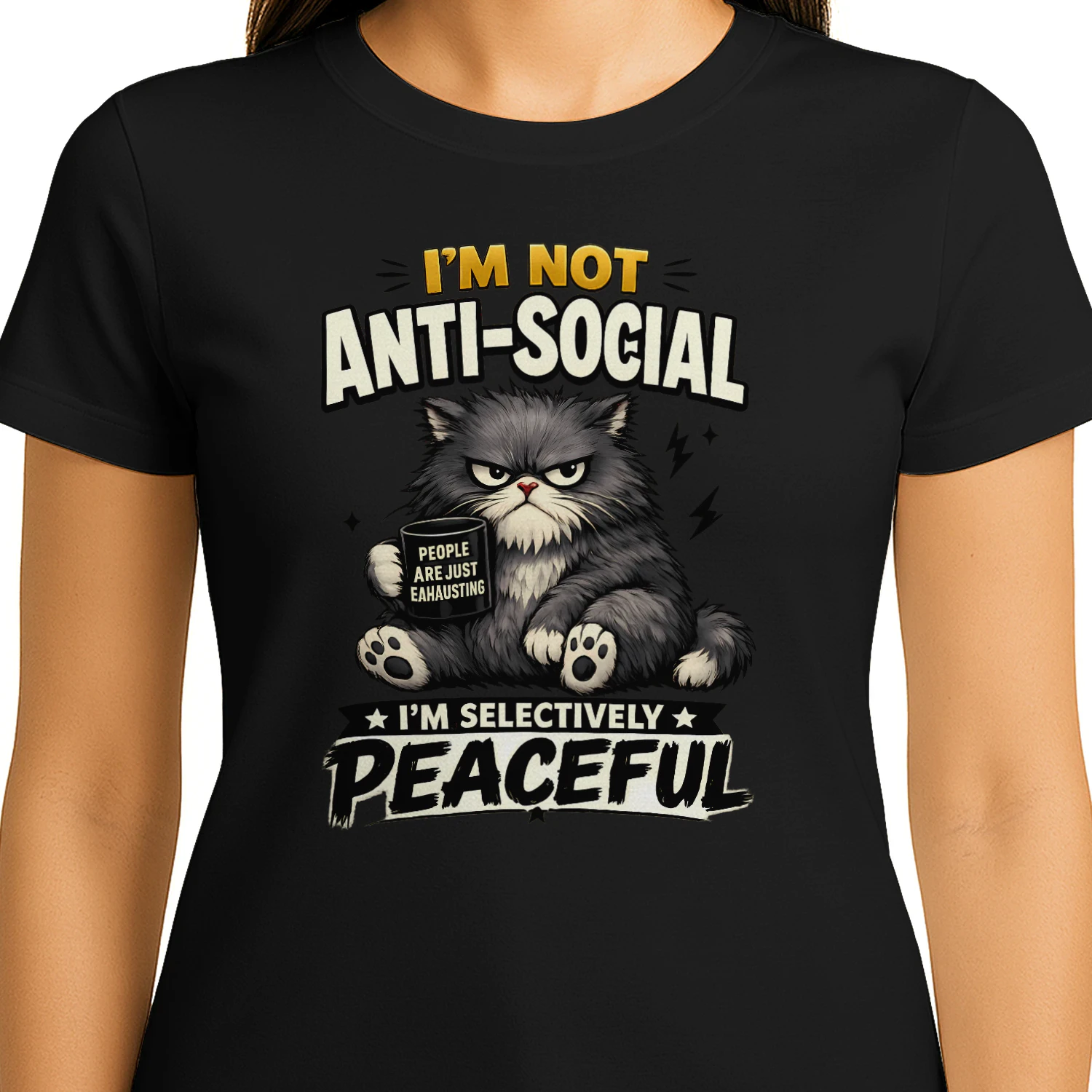 I’m Not Anti‑Social, I’m Selectively Peaceful Shirt – Grumpy Cat Coffee Lover Tee, Introvert Humor, People Are Exhausting Quote