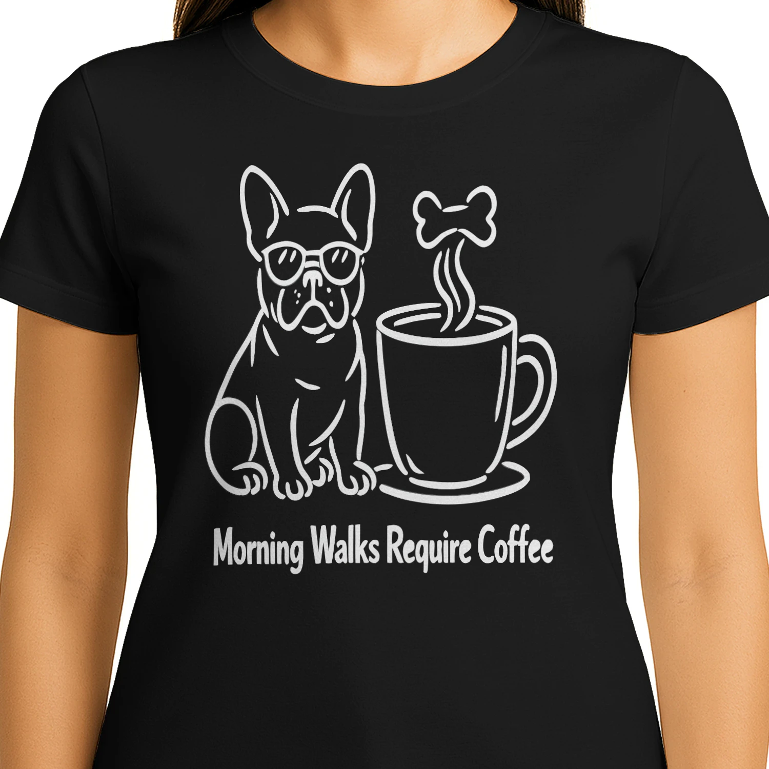 Morning Walks Require Coffee French Bulldog Shirt – Funny Minimalist Dog Lover Tee, Frenchie Mom Gift, Coffee Addict Apparel