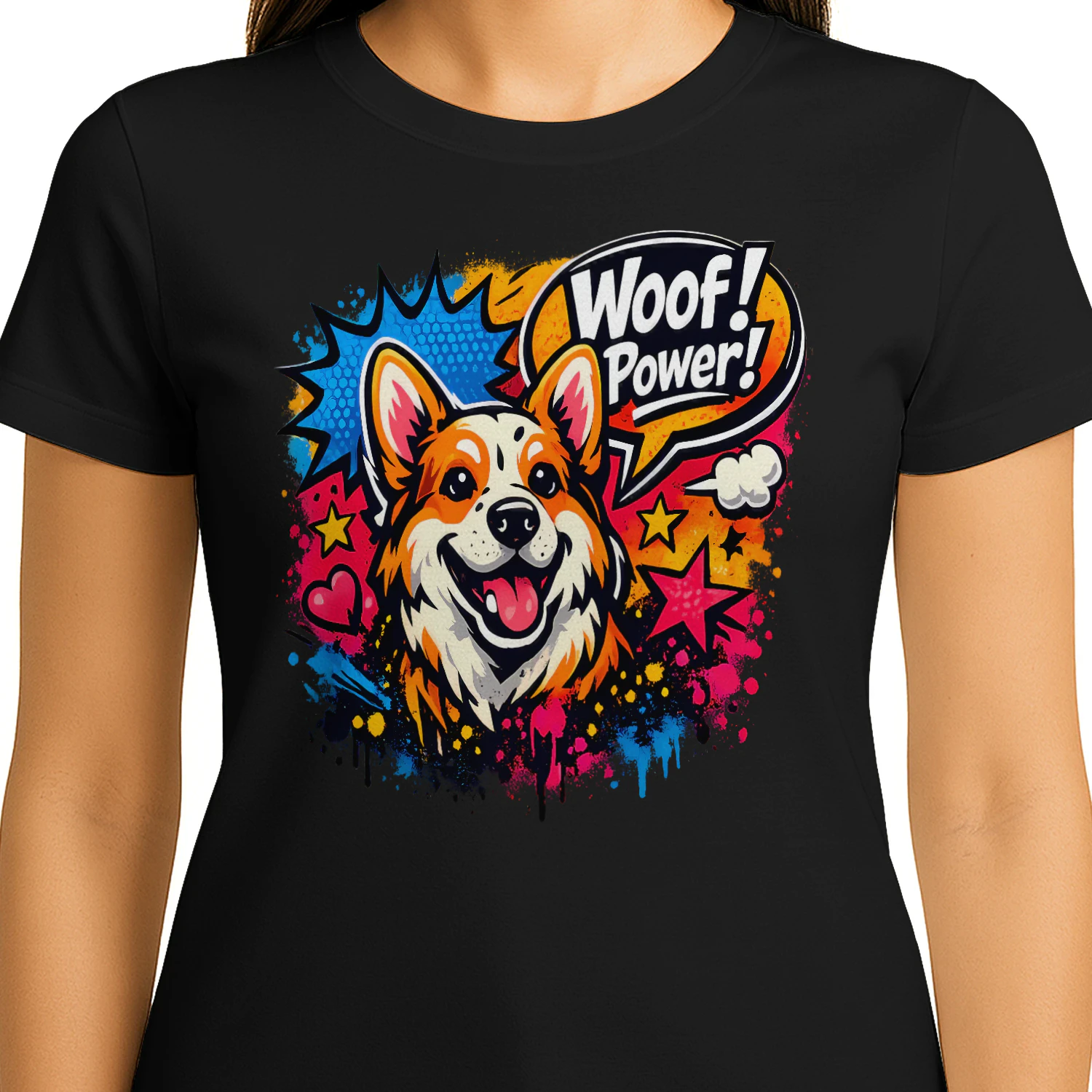 Woof! Power! Corgi Shirt – Pop Art Dog Lover Tee, Comic Book Style, Vibrant Color Splash Pet Design