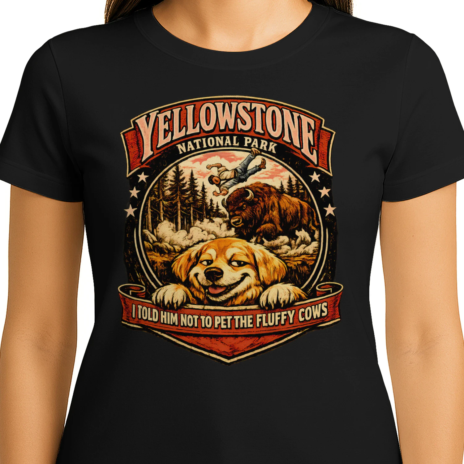 Yellowstone National Park Funny Dog Mug 11oz – I Told Him Not to Pet the Fluffy Cows Tee, Retro Camping Humor Gift for Men & Women