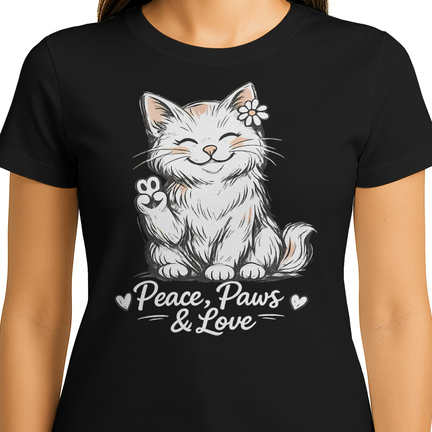 Peace, Paws & Love Cat Shirt – Cute Cartoon Cat Lover Tee, Positive Vibes Pet Design, Soft Aesthetic Graphic