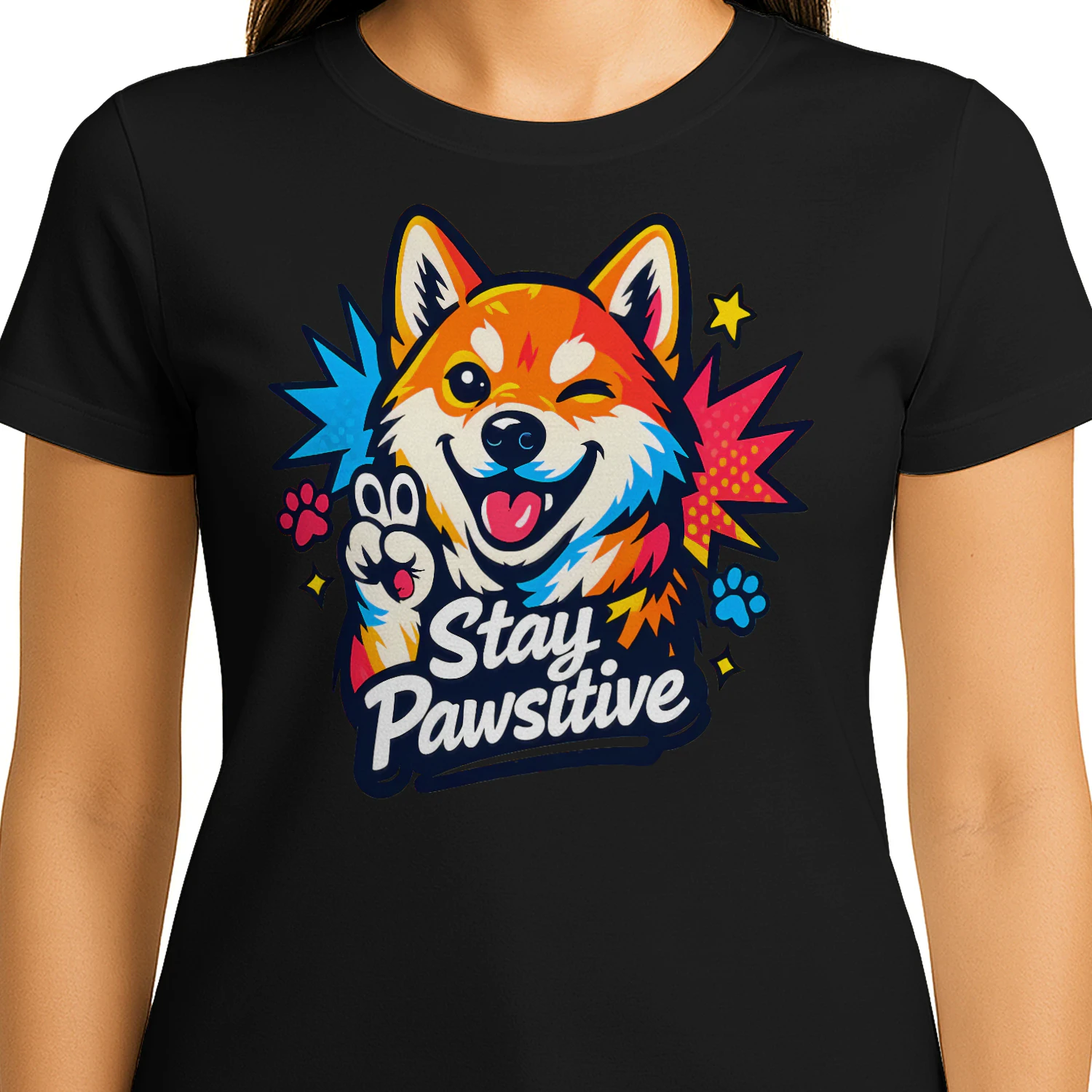 Stay Pawsitive Shiba Inu Shirt  – Comic Book Dog Lover Tee, Pop Art Style, Vibrant Color Burst Pet Design