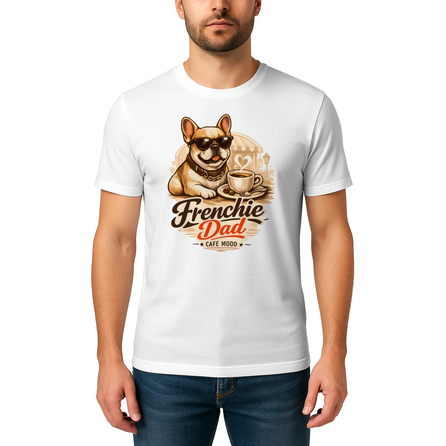 Frenchie Dad Café Mood Shirt – Cozy Coffee Lover Tee, Cute French Bulldog Café Design