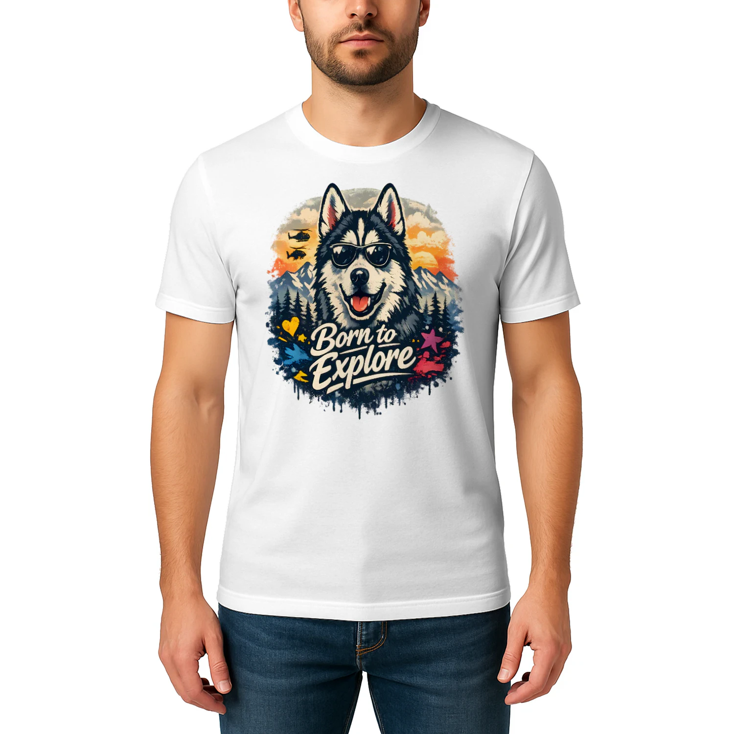 Born to Explore Husky Shirt – Adventure Dog Lover Tee, Mountain Sunset Outdoor Design, Vibrant Pet Graphic