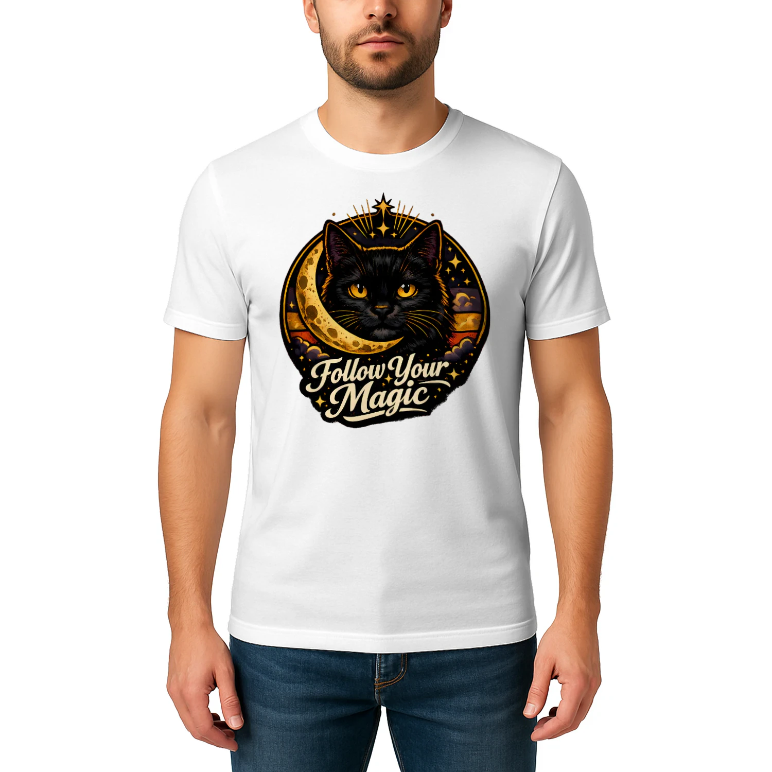Follow Your Magic Shirt – Mystical Black Cat Tee, Celestial Moon & Stars Design, Witchy Aesthetic Apparel