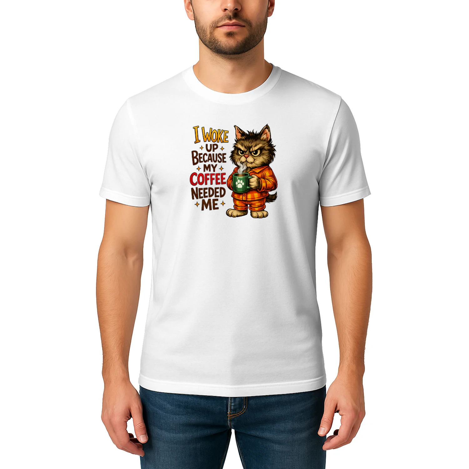 I Woke Up Because My Coffee Needed Me – Grumpy Pajama Cat Coffee Lover Tee, Funny Morning Humor Design