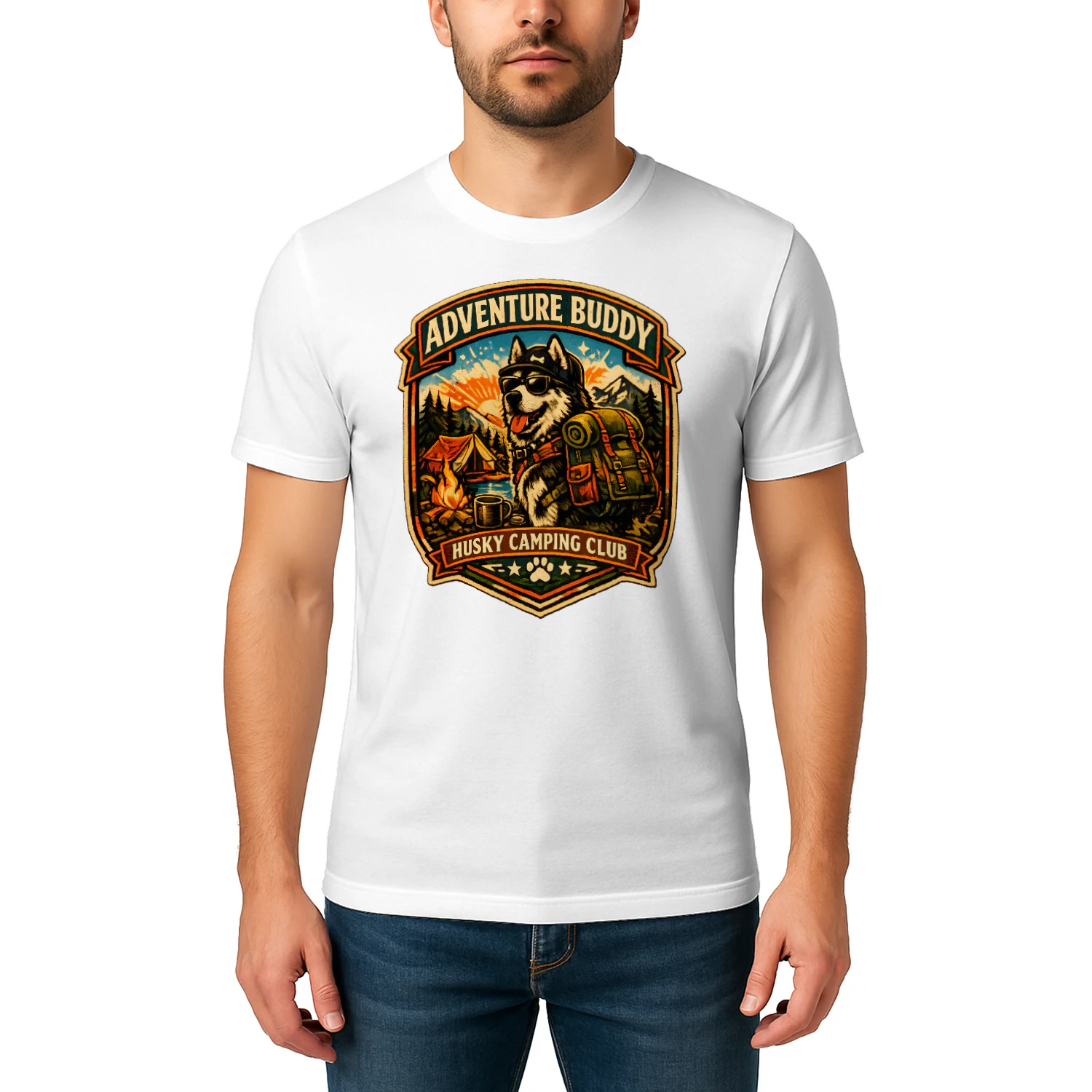 Adventure Buddy Husky Camping Club Shirt – Vintage Outdoor Dog Lover Tee, Hiking & Camping Badge Design