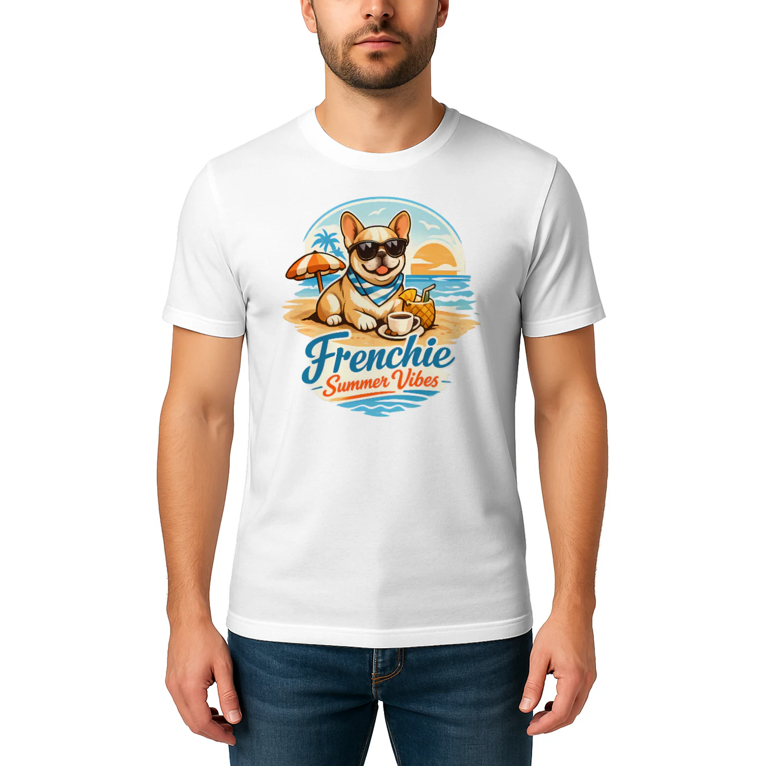 Frenchie Summer Vibes Shirt – Tropical Beach Dog Lover Tee, Cute French Bulldog Vacation Design