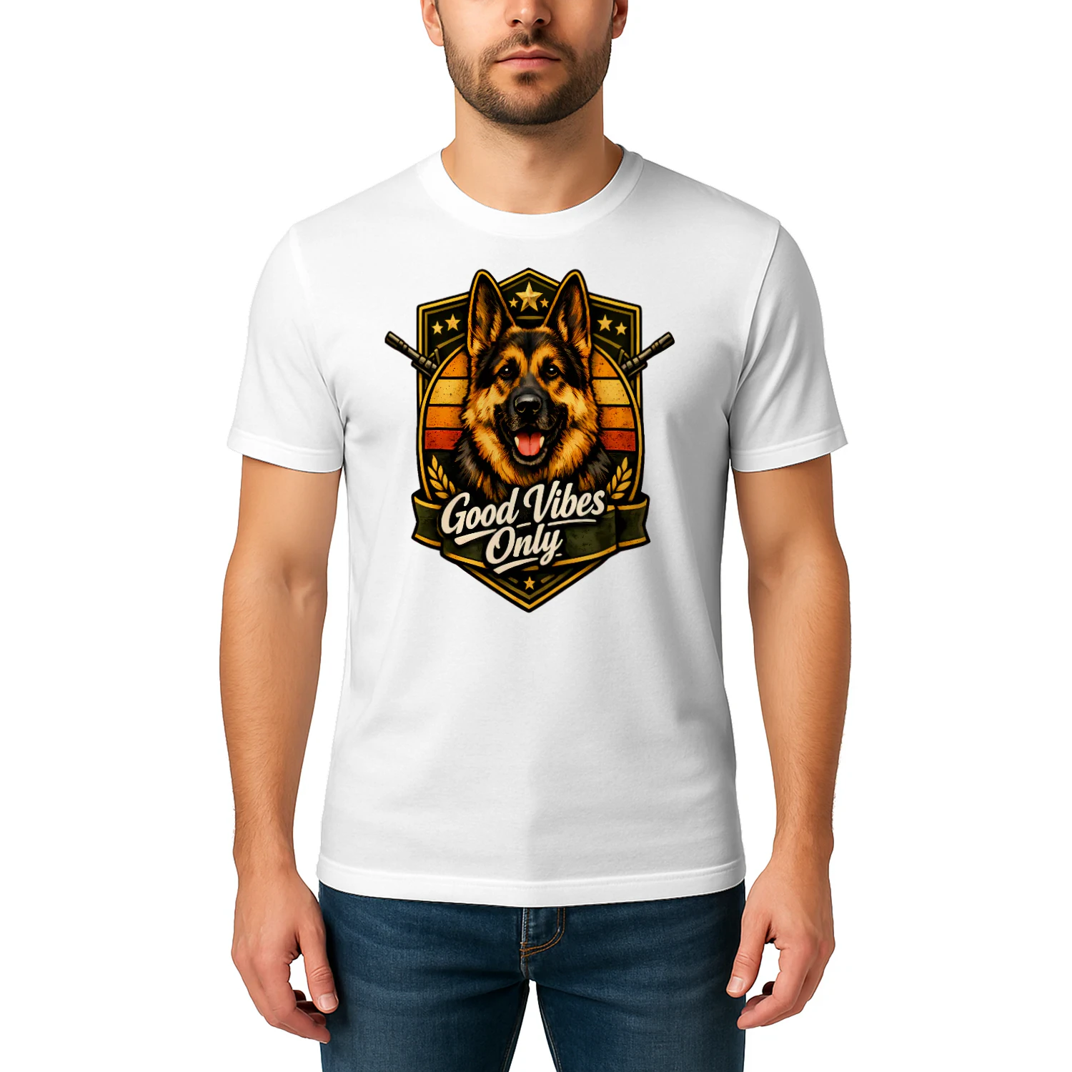 Good Vibes Only German Shepherd Shirt – Military Badge Dog Lover Tee, Retro Sunset Strong Pet Design
