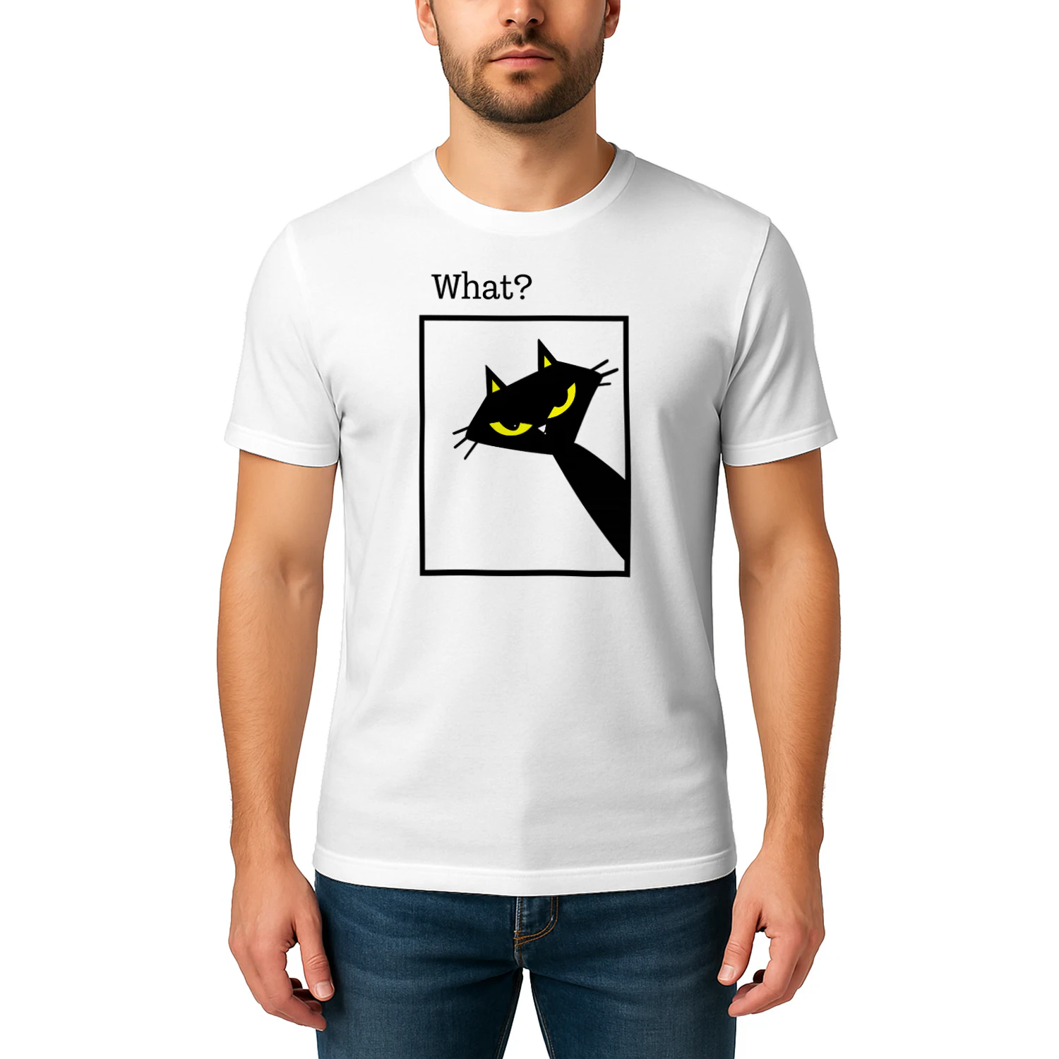 What? Black Cat Shirt – Funny Cat Reaction Tee, Minimalist Yellow Eyes Cat Design, Pet Lover Apparel
