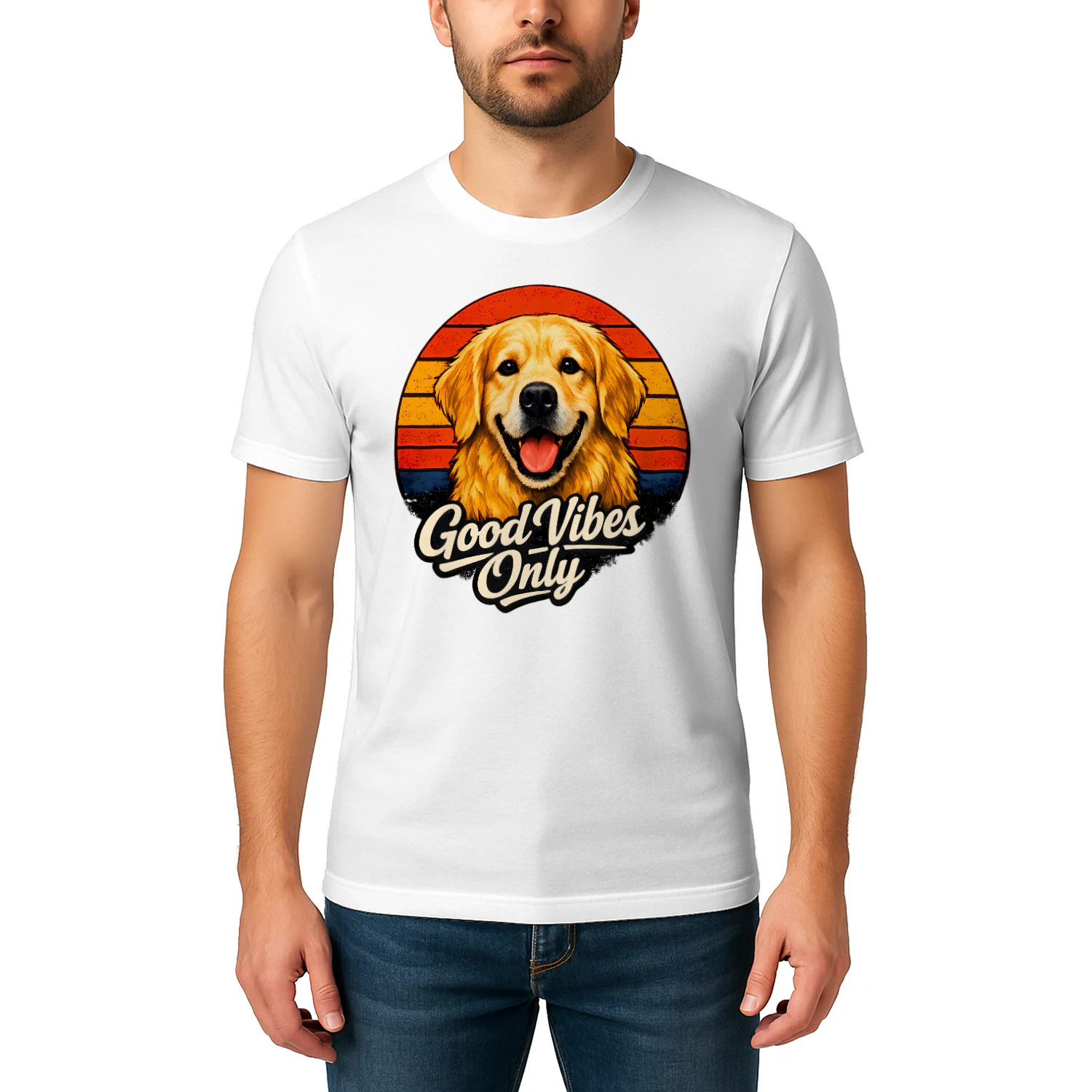 Good Vibes Only Golden Retriever Shirt – Retro Sunset Dog Lover Tee, Positive Vibes Pet Design