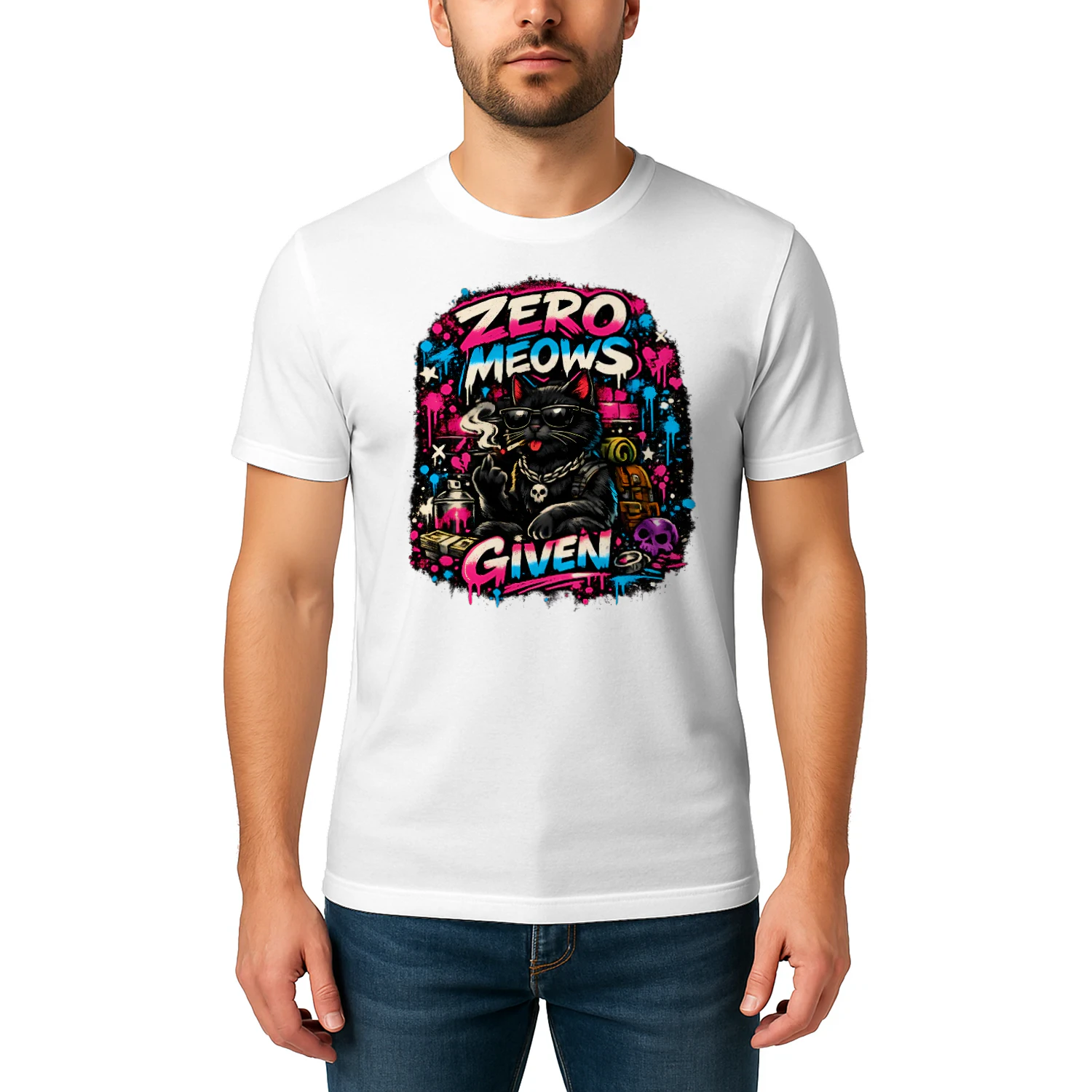 Zero Meows Given Shirt – Graffiti Street Cat Tee, Neon Urban Style, Funny Attitude Pet Lover Design