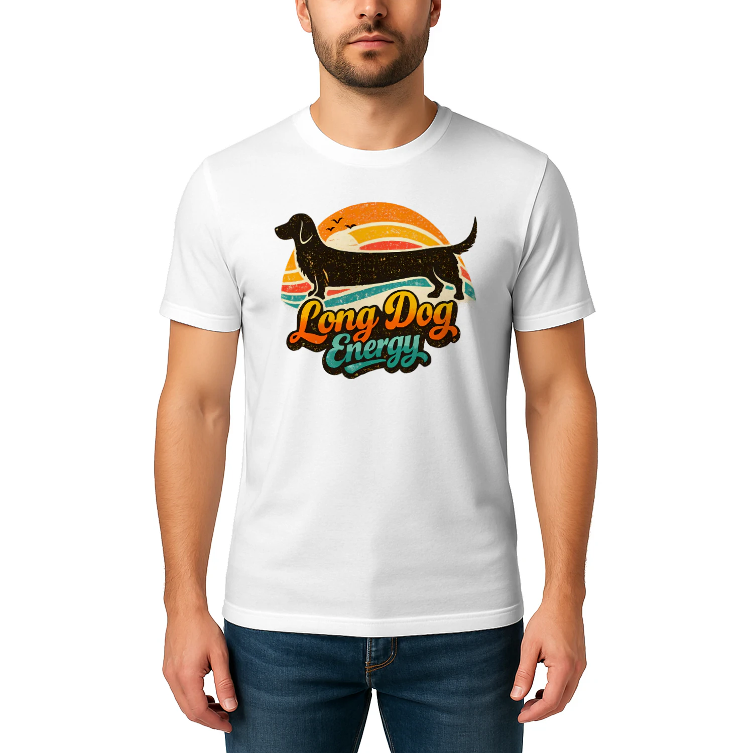 Long Dog Energy – Retro Sunset Dachshund Tee, Funny Wiener Dog Gift, Vintage Dog Lover Apparel